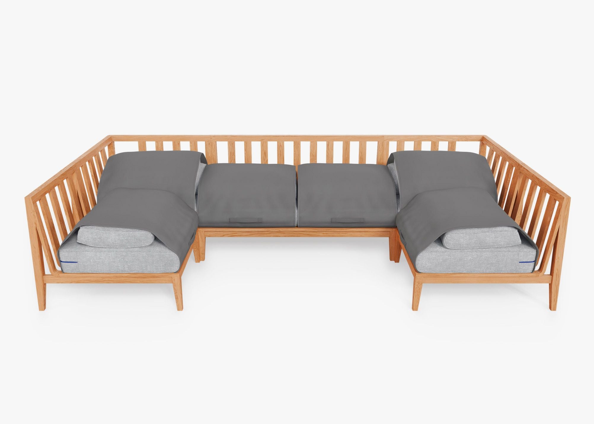 Teak Outdoor U Sectional - 6 Seat shown with the OuterShell outdoor cushion cover, offering exclusive integrated protection. #color_pacific fog gray