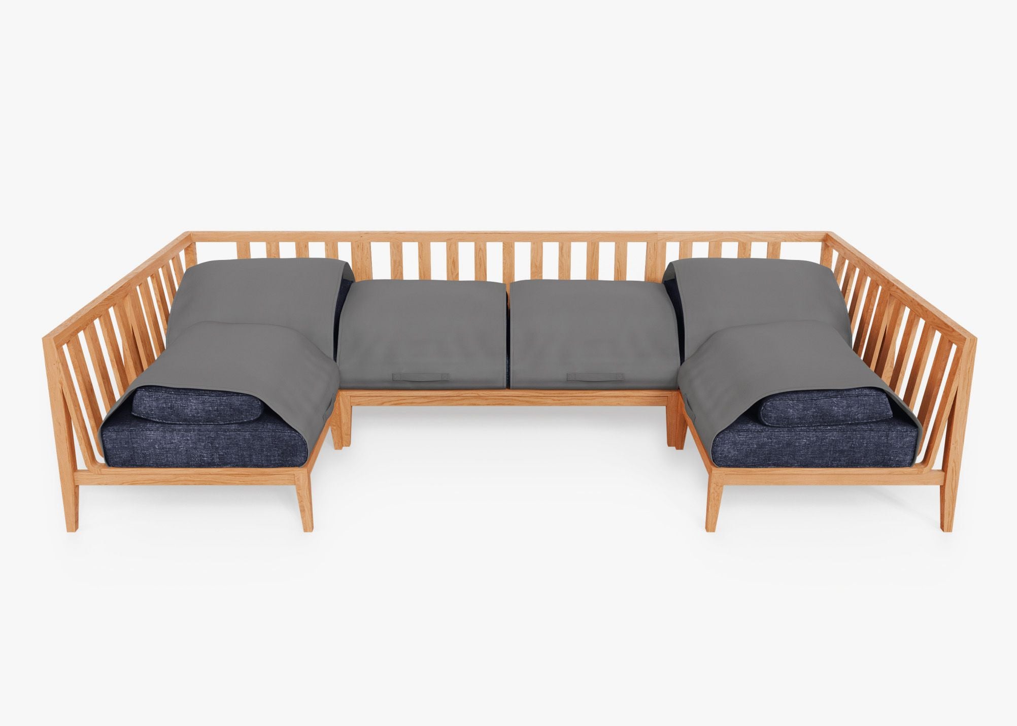 Teak Outdoor U Sectional - 6 Seat shown with the OuterShell outdoor cushion cover, offering exclusive integrated protection. #color_deep sea navy