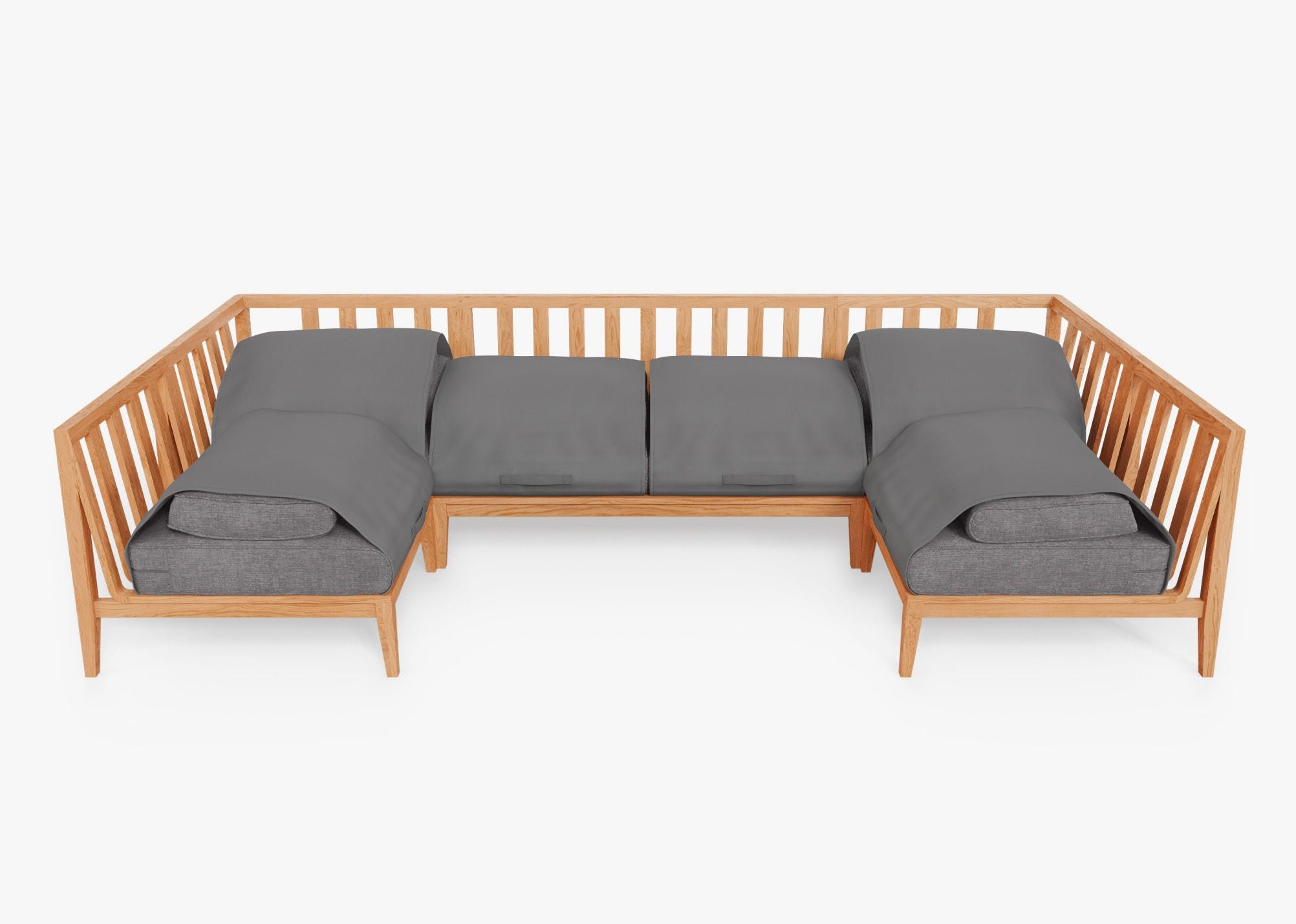 Teak Outdoor U Sectional - 6 Seat shown with the OuterShell outdoor cushion cover, offering exclusive integrated protection. #color_dark pebble gray