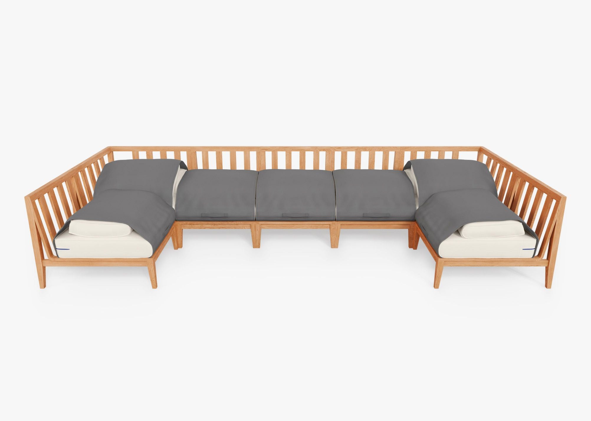 Teak Outdoor U Sectional - 7 Seat shown with the OuterShell outdoor cushion cover, offering exclusive integrated protection. #color_palisades cream