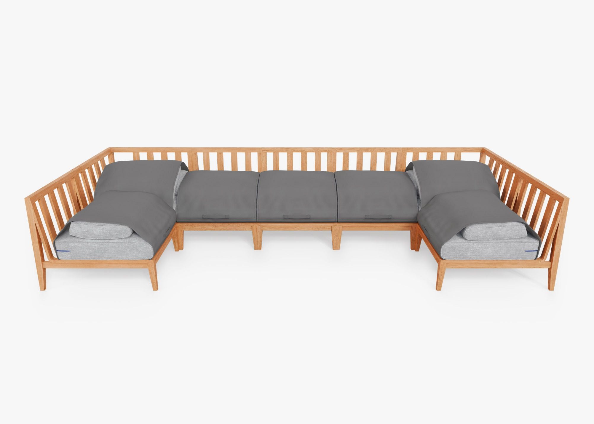 Teak Outdoor U Sectional - 7 Seat shown with the OuterShell outdoor cushion cover, offering exclusive integrated protection. #color_pacific fog gray