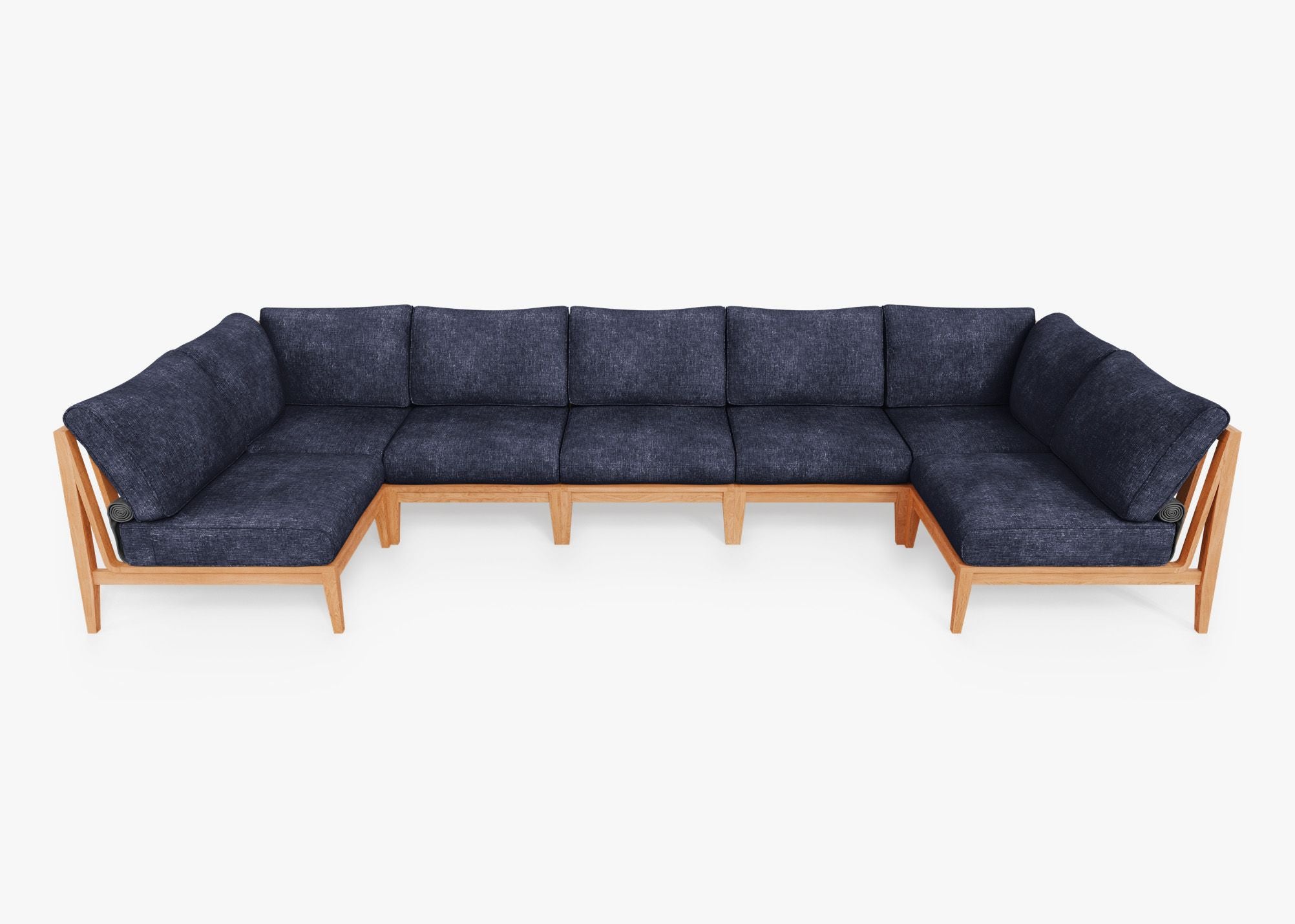 Teak Outdoor U Sectional - 7 Seat, front. Comfortable, durable, and weather resistant outdoor seating with memory foam. #color_deep sea navy