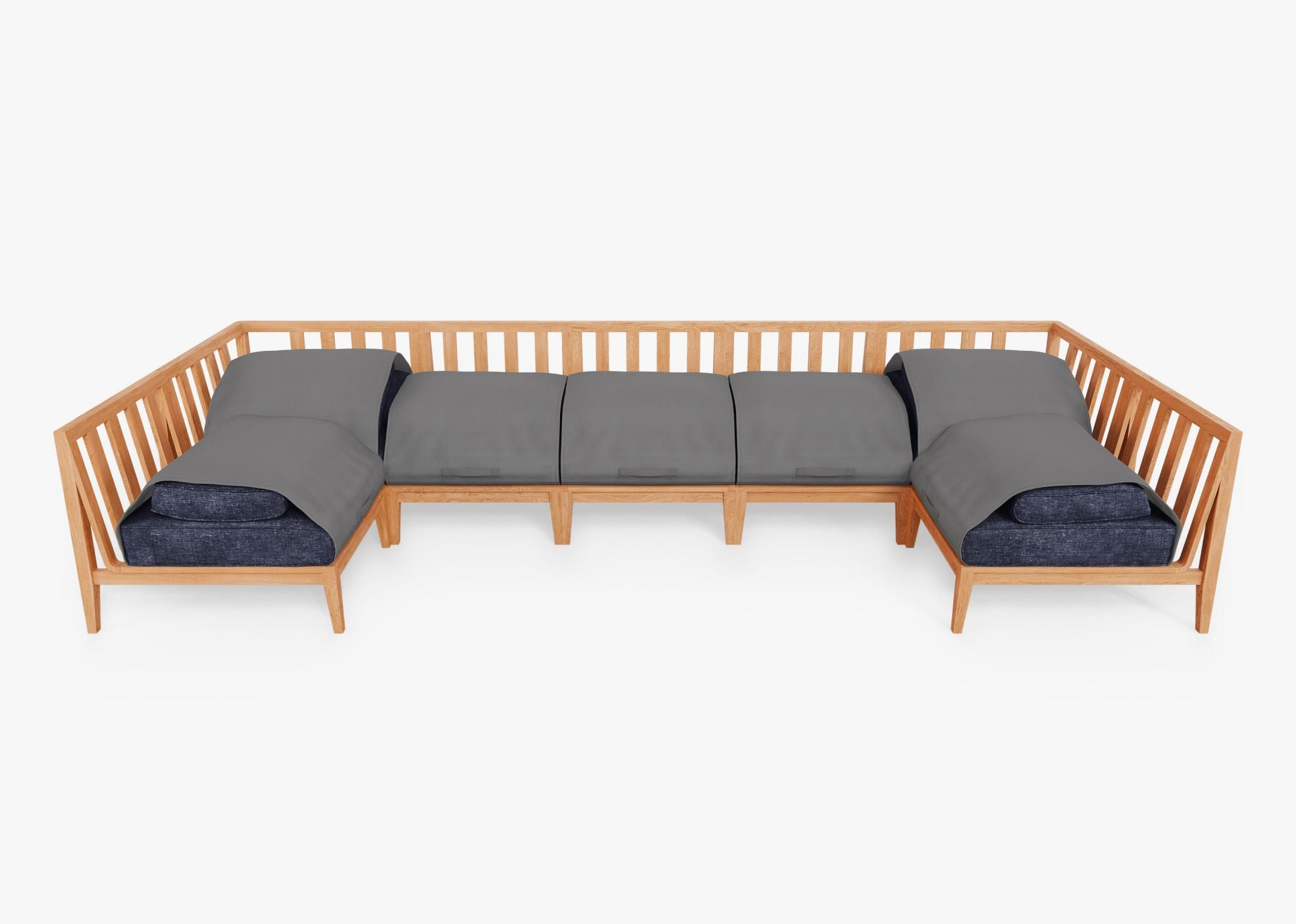 Teak outdoor U sectional sofa with 7 navy cushions arranged in a spacious seating layout.-teak outdoor sofa-outer #color_deep sea navy