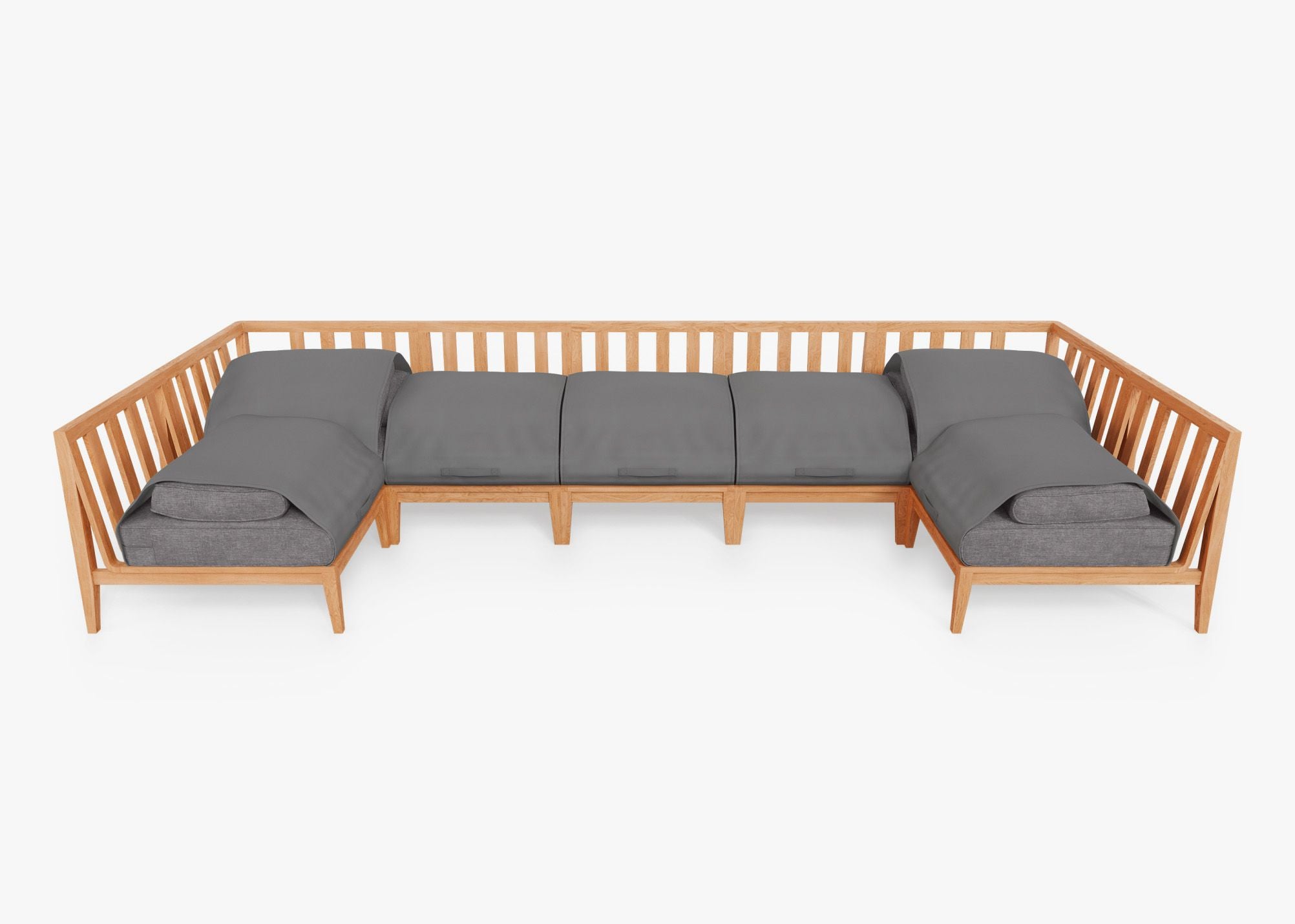 Teak Outdoor U Sectional - 7 Seat shown with the OuterShell outdoor cushion cover, offering exclusive integrated protection. #color_dark pebble gray