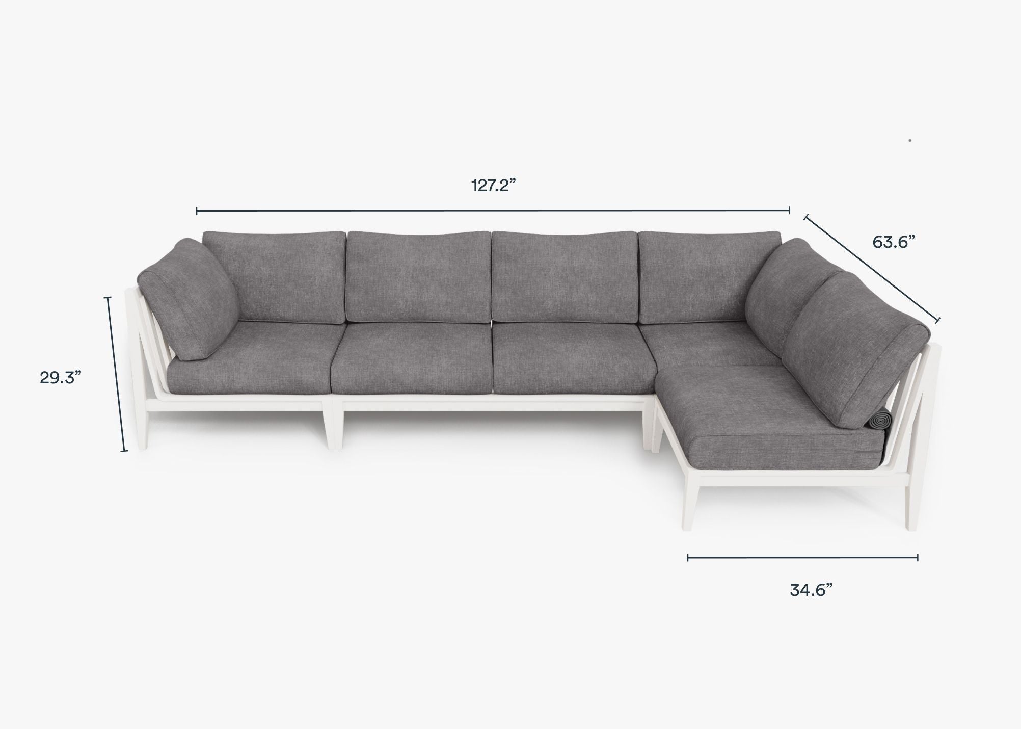 White Aluminum Outdoor L Sectional - 5 Seat dimensions in inches, also listed under Dimensions and Weights. #color_dark pebble gray