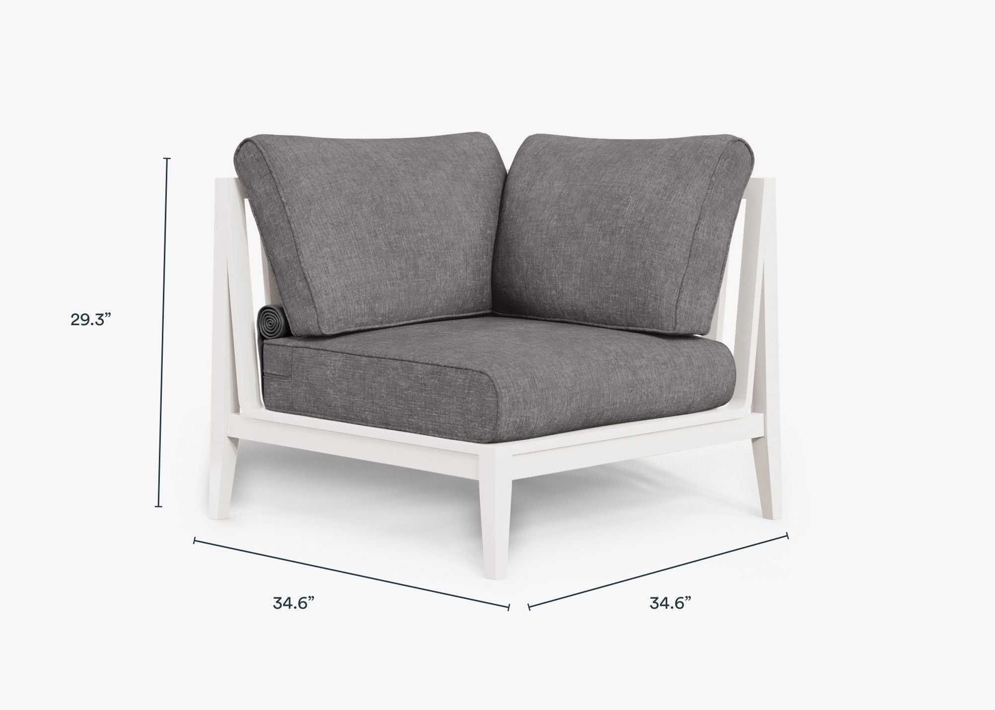 White Aluminum Outdoor Corner Chair - Left dimensions in inches, also listed under Dimensions and Weights. #color_dark pebble gray