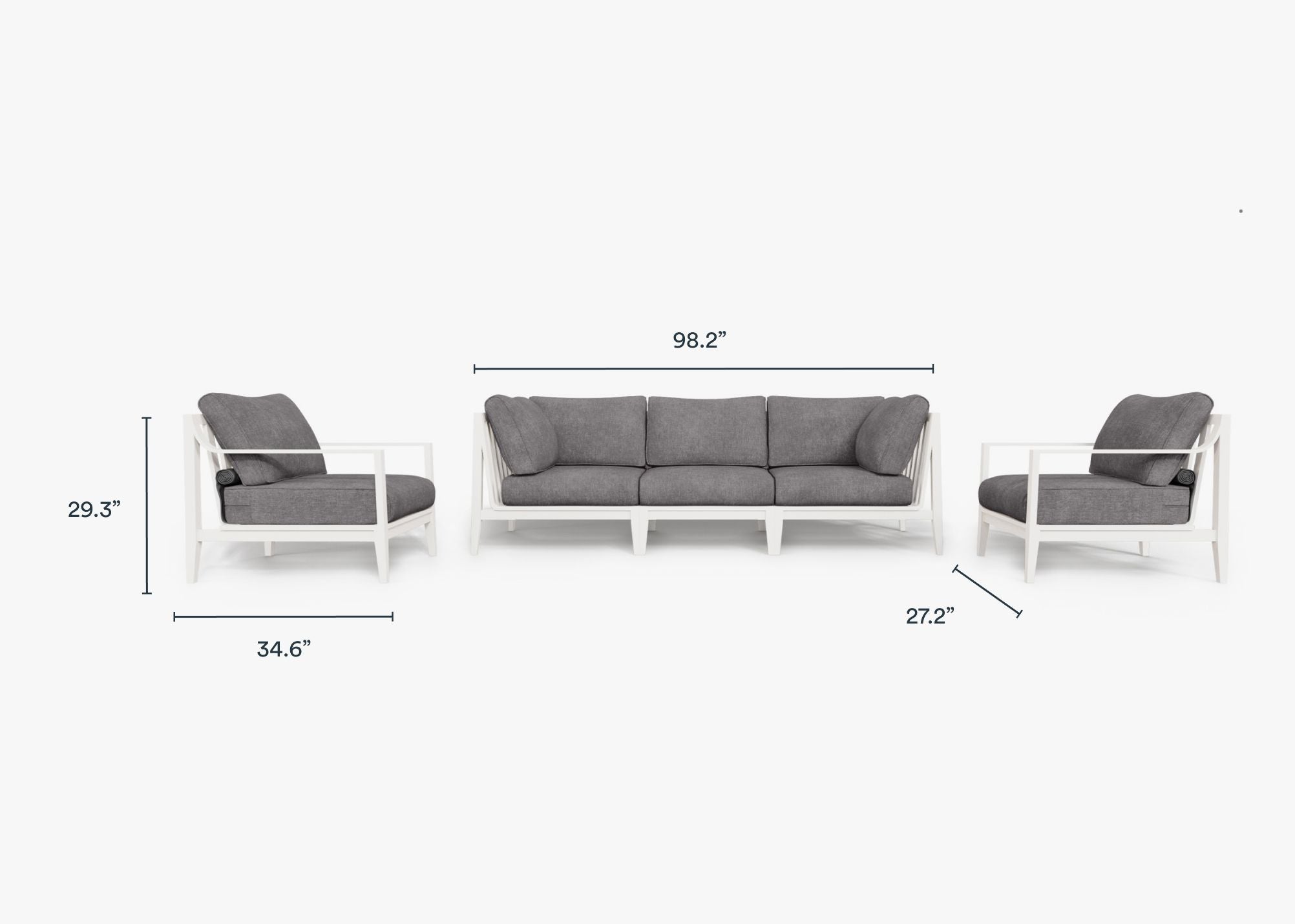 White Aluminum Outdoor Sofa with Armchairs - 5 Seat dimensions in inches, also listed under Dimensions and Weights. #color_dark pebble gray
