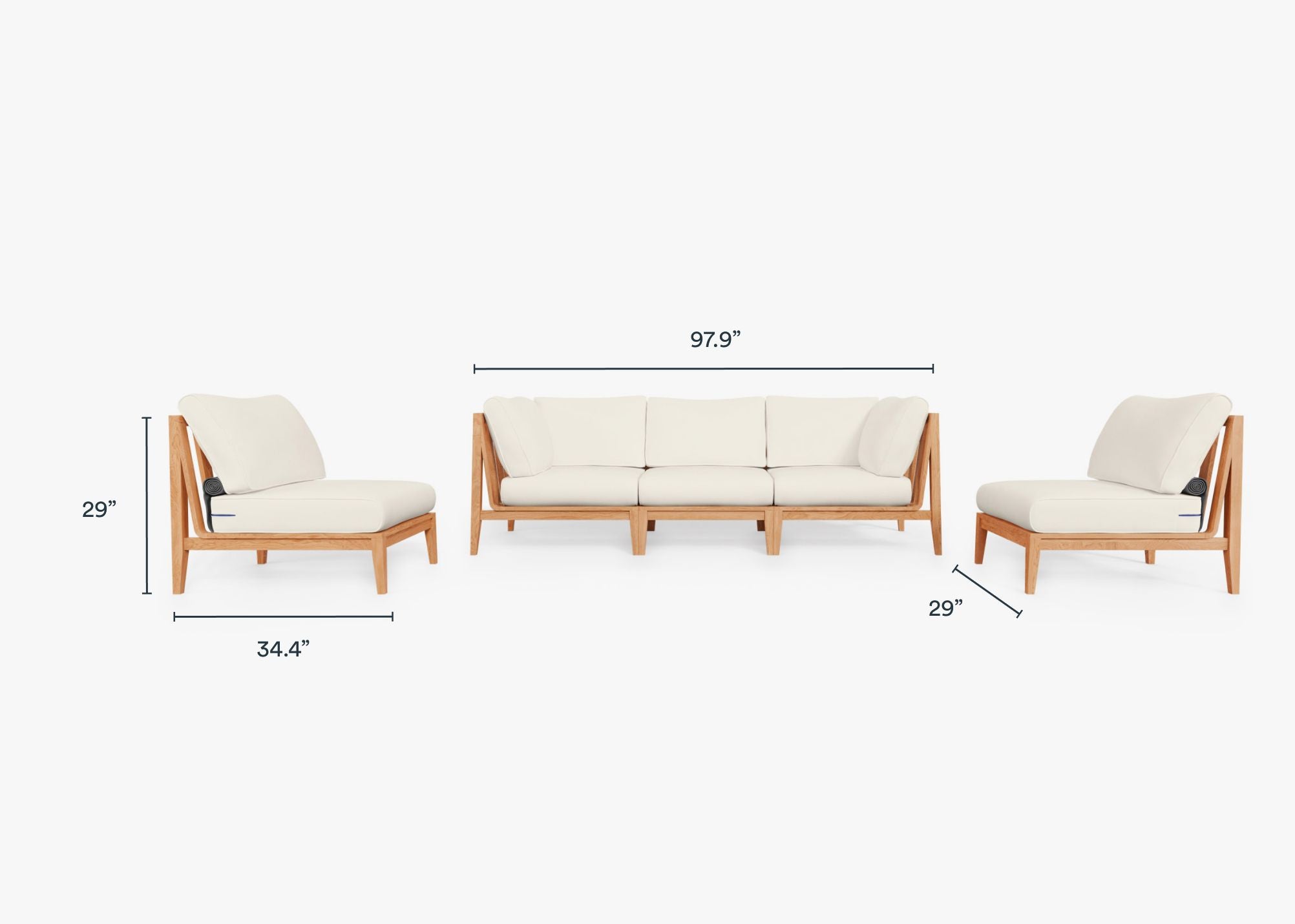 Teak Outdoor Sofa with Armless Chairs - 5 Seat dimensions in inches, also listed under Dimensions and Weights. #color_palisades cream