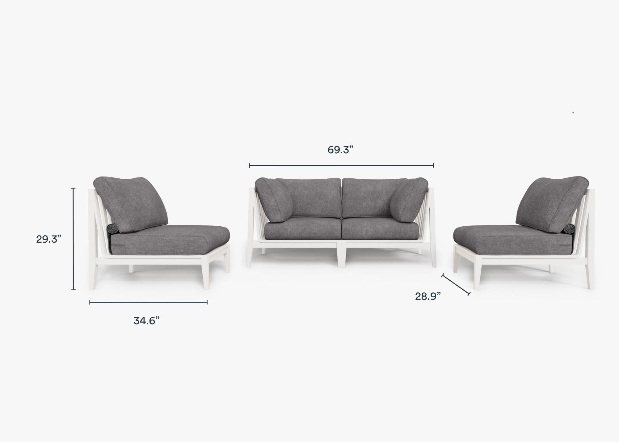 White Aluminum Outdoor Loveseat with Armless Chairs - 4 Seat dimensions in inches, also listed under Dimensions and Weights. #color_dark pebble gray