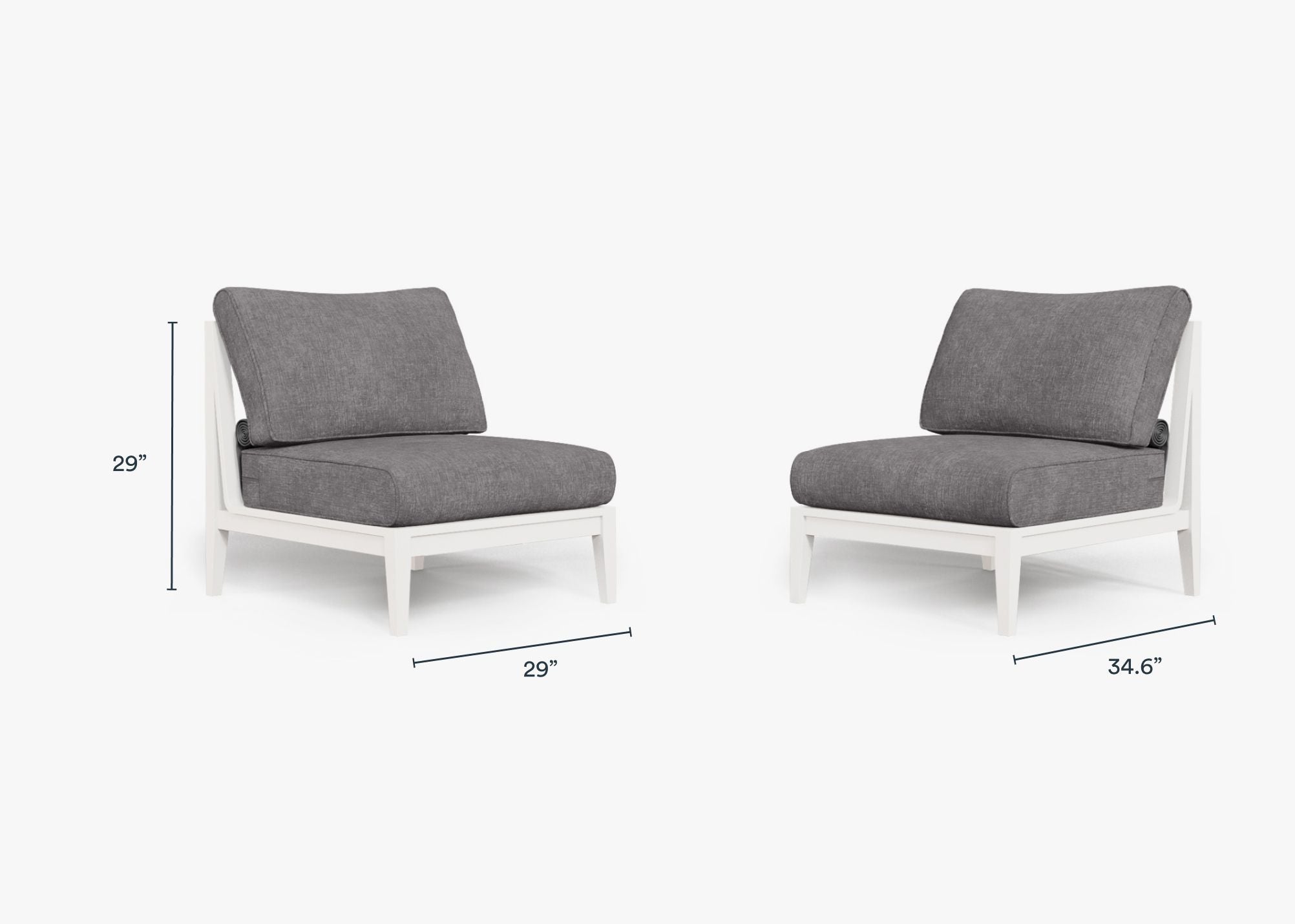 White Aluminum Outdoor Armless Chair Conversation Set dimensions in inches, also listed under Dimensions and Weights. #color_dark pebble gray