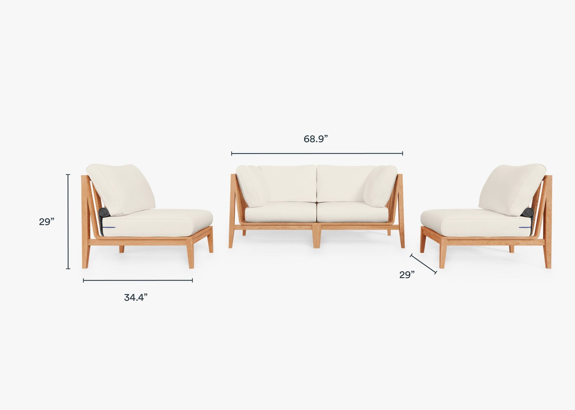 Teak Outdoor Loveseat with Armless Chairs - 4 Seat dimensions in inches, also listed under Dimensions and Weights. #color_palisades cream