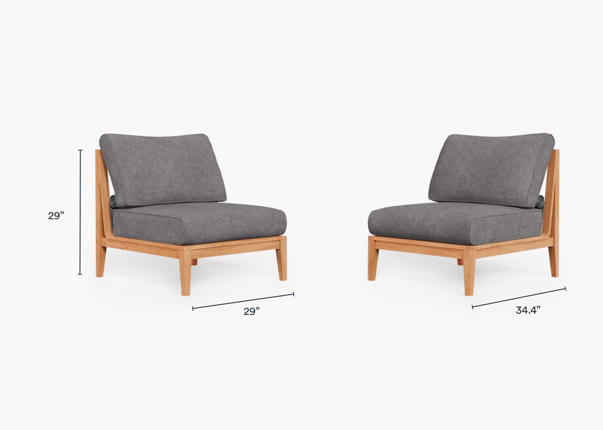 Teak Outdoor Armless Chair Conversation Set dimensions in inches, also listed under Dimensions and Weights. #color_dark pebble gray