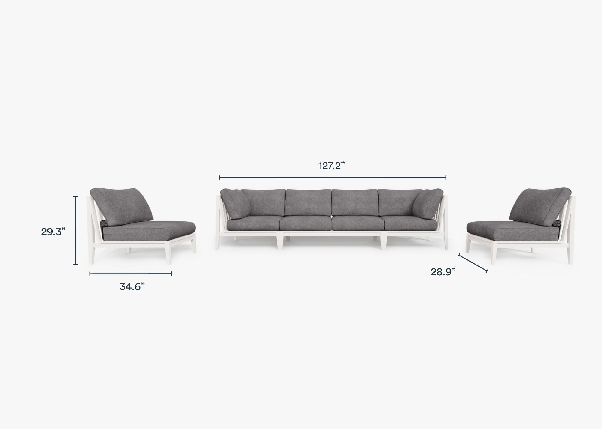 White Aluminum Outdoor Sofa with Armless Chairs - 6 Seat dimensions in inches, also listed under Dimensions and Weights. #color_dark pebble gray