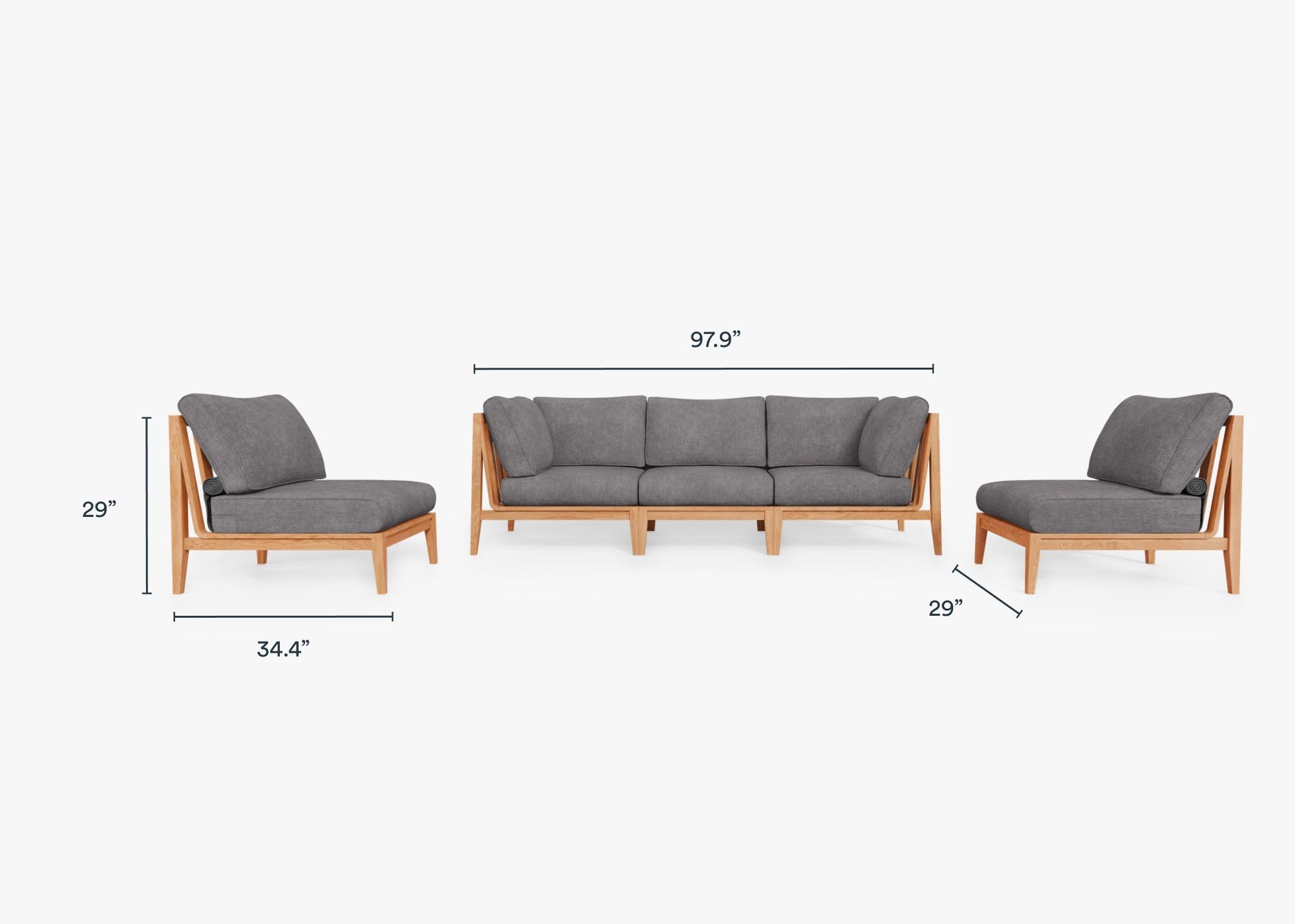 Teak Outdoor Sofa with Armless Chairs - 5 Seat dimensions in inches, also listed under Dimensions and Weights. #color_dark pebble gray