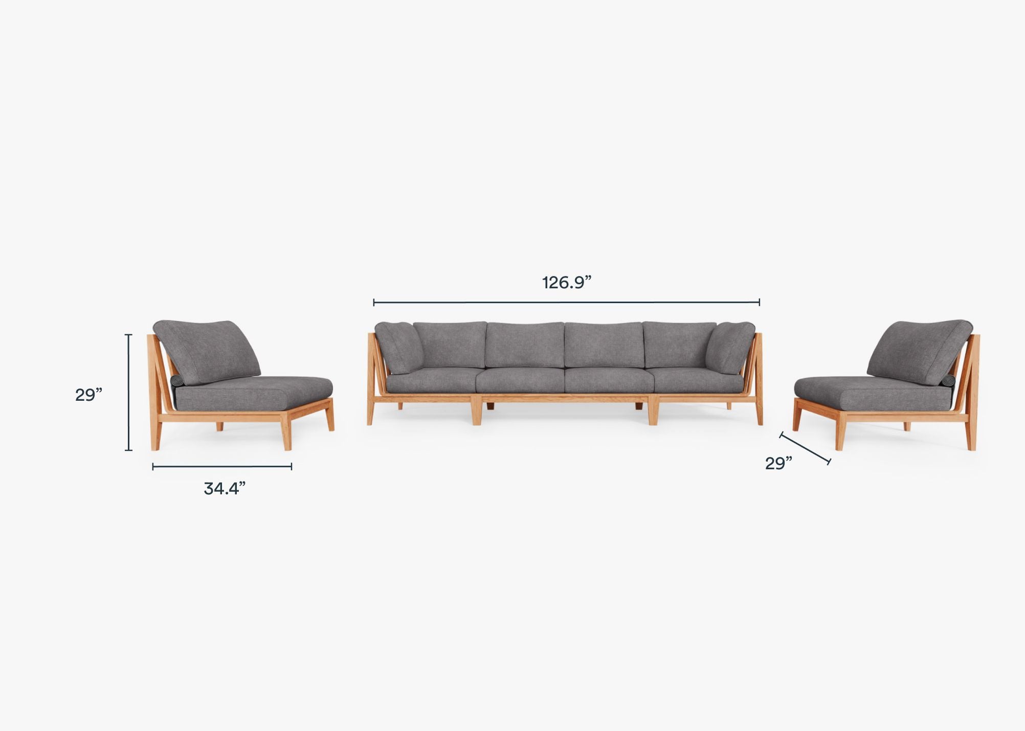 A teak outdoor sofa with white cushions, featuring an armless design and a minimalist wooden frame, placed on a light-colored floor against a white wall.-teak outdoor sofa-outer #color_dark pebble gray