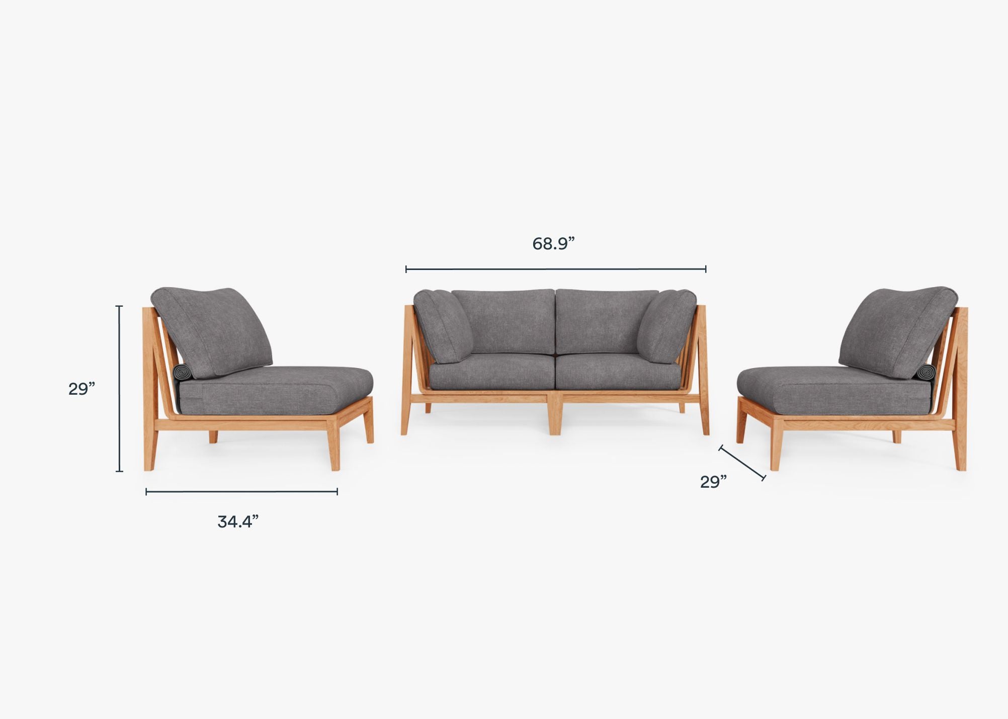 Teak Outdoor Loveseat with Armless Chairs - 4 Seat dimensions in inches, also listed under Dimensions and Weights. #color_dark pebble gray