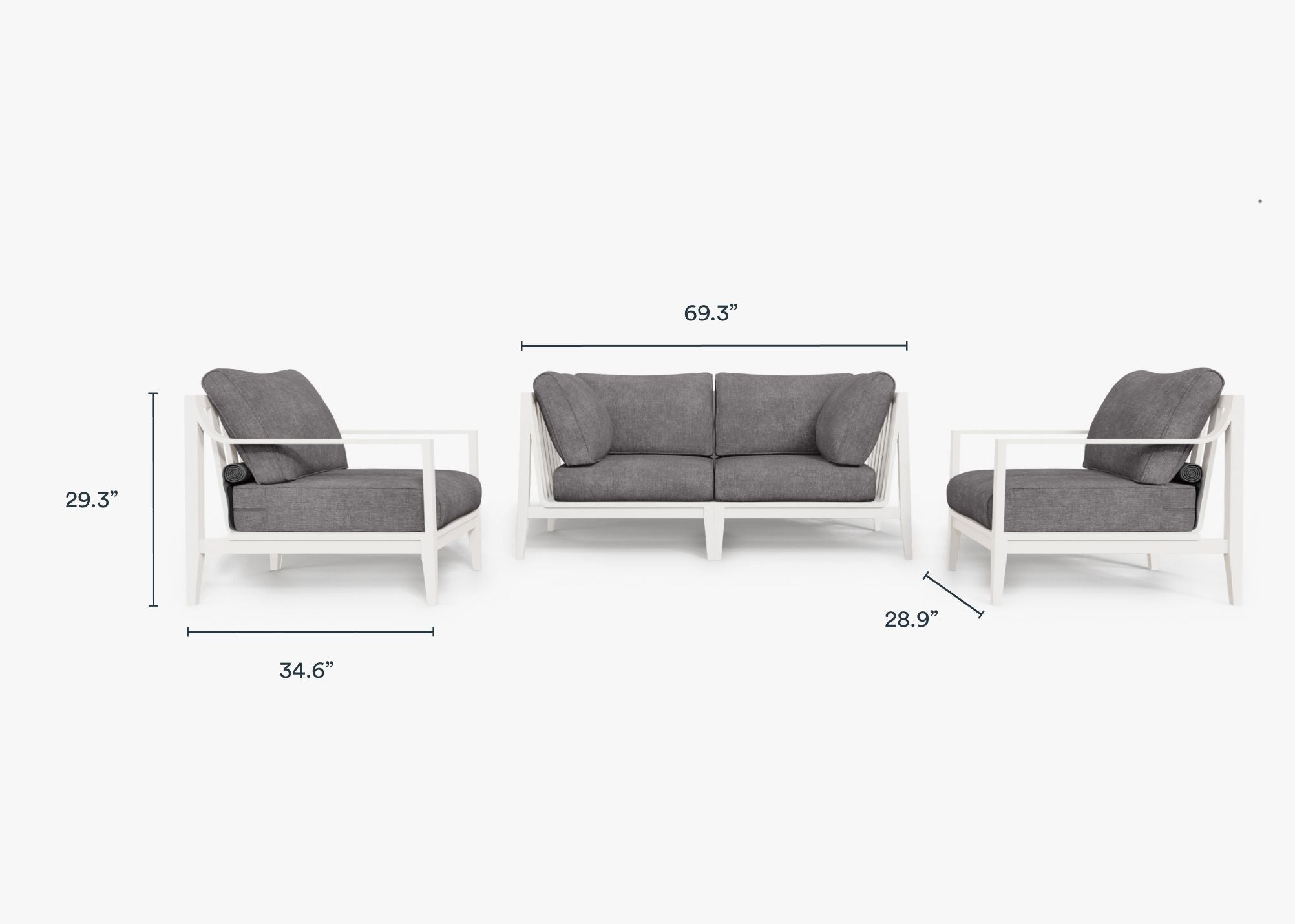 White Aluminum Outdoor Loveseat with Armchairs - 4 Seat dimensions in inches, also listed under Dimensions and Weights. #color_dark pebble gray