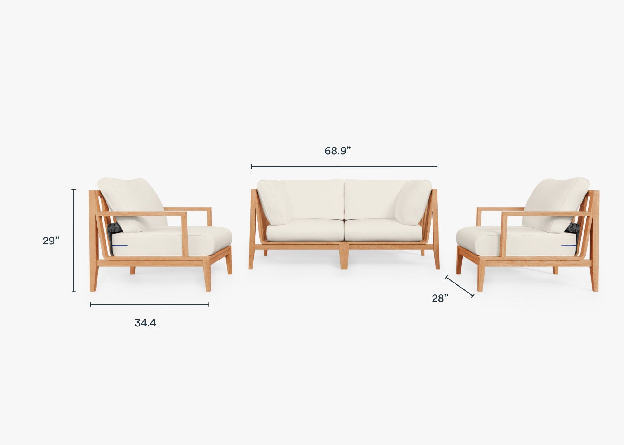 Teak outdoor sofa with matching armchairs arranged on a wooden deck, featuring white cushions and surrounded by greenery.-teak outdoor sofa-outer #color_palisades cream