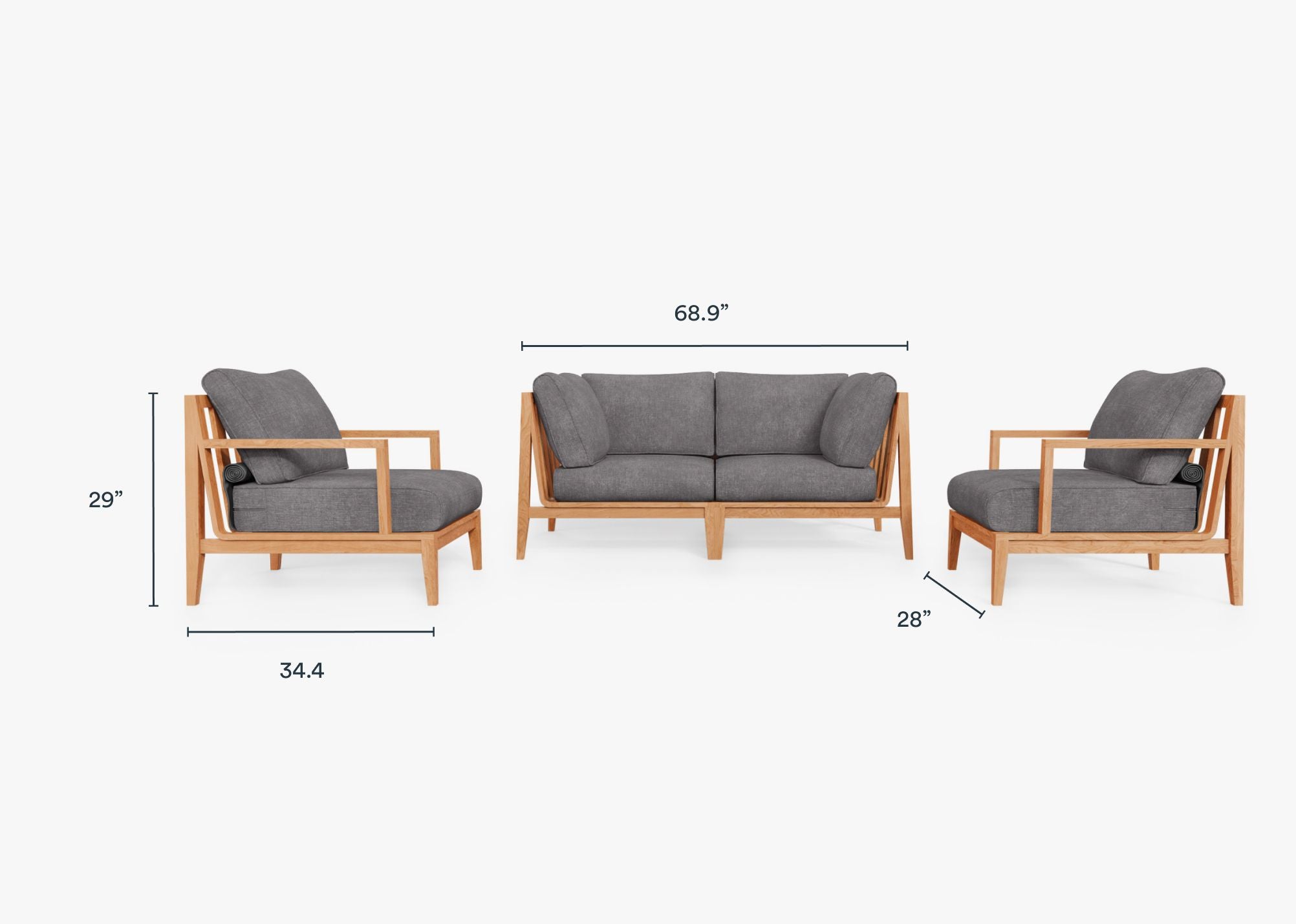 Teak Outdoor Loveseat with Armchairs - 4 Seat dimensions in inches, also listed under Dimensions and Weights. #color_dark pebble gray