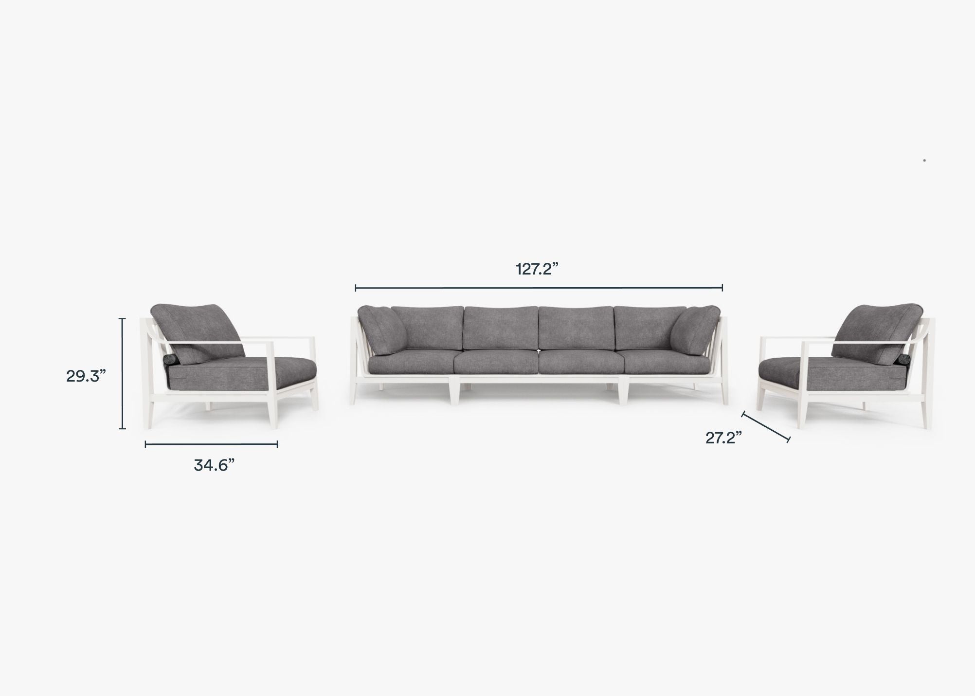 White Aluminum Outdoor Sofa with Armchairs - 6 Seat dimensions in inches, also listed under Dimensions and Weights. #color_dark pebble gray