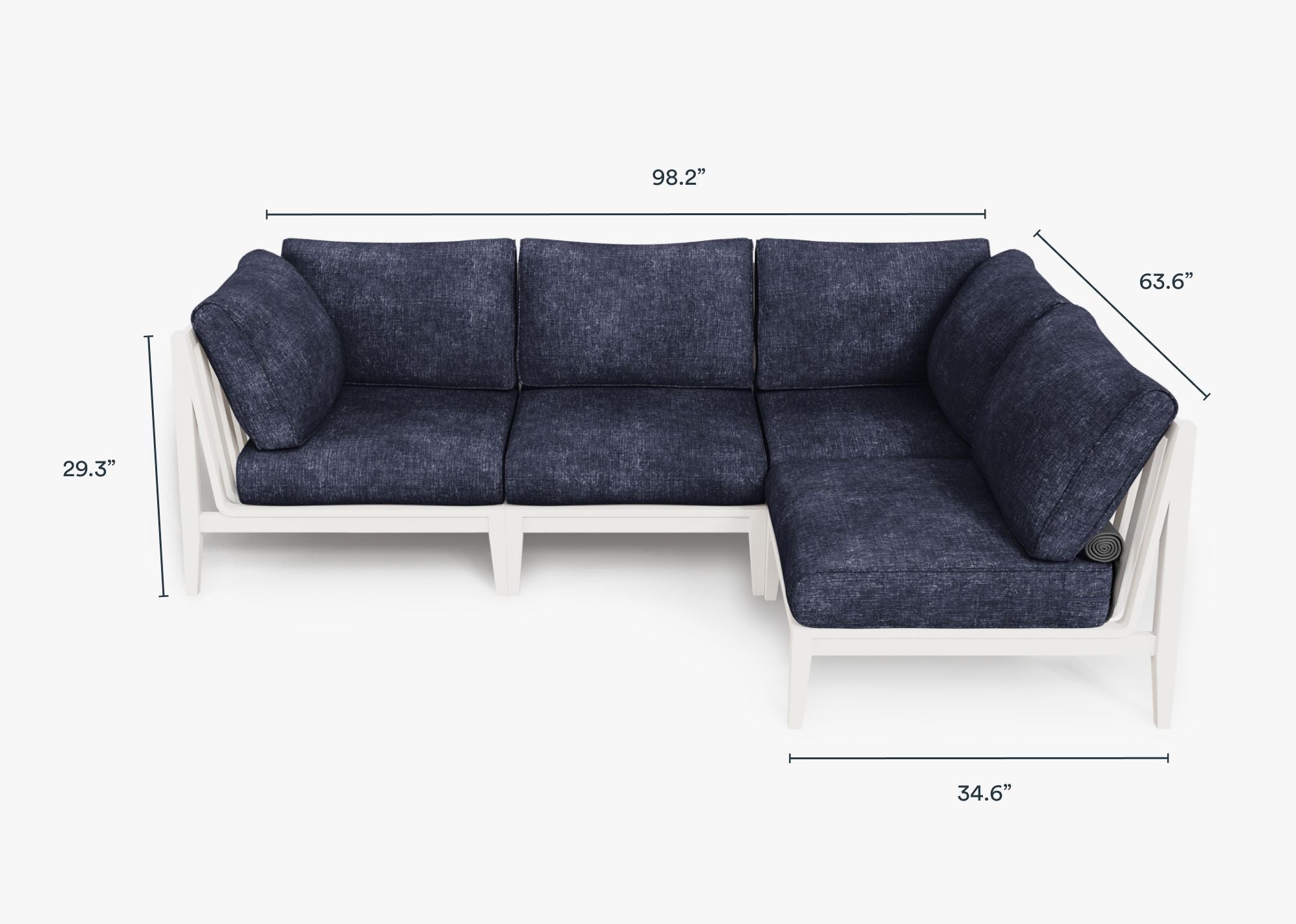 White Aluminum Outdoor L Sectional - 4 Seat dimensions in inches, also listed under Dimensions and Weights. #color_deep sea navy