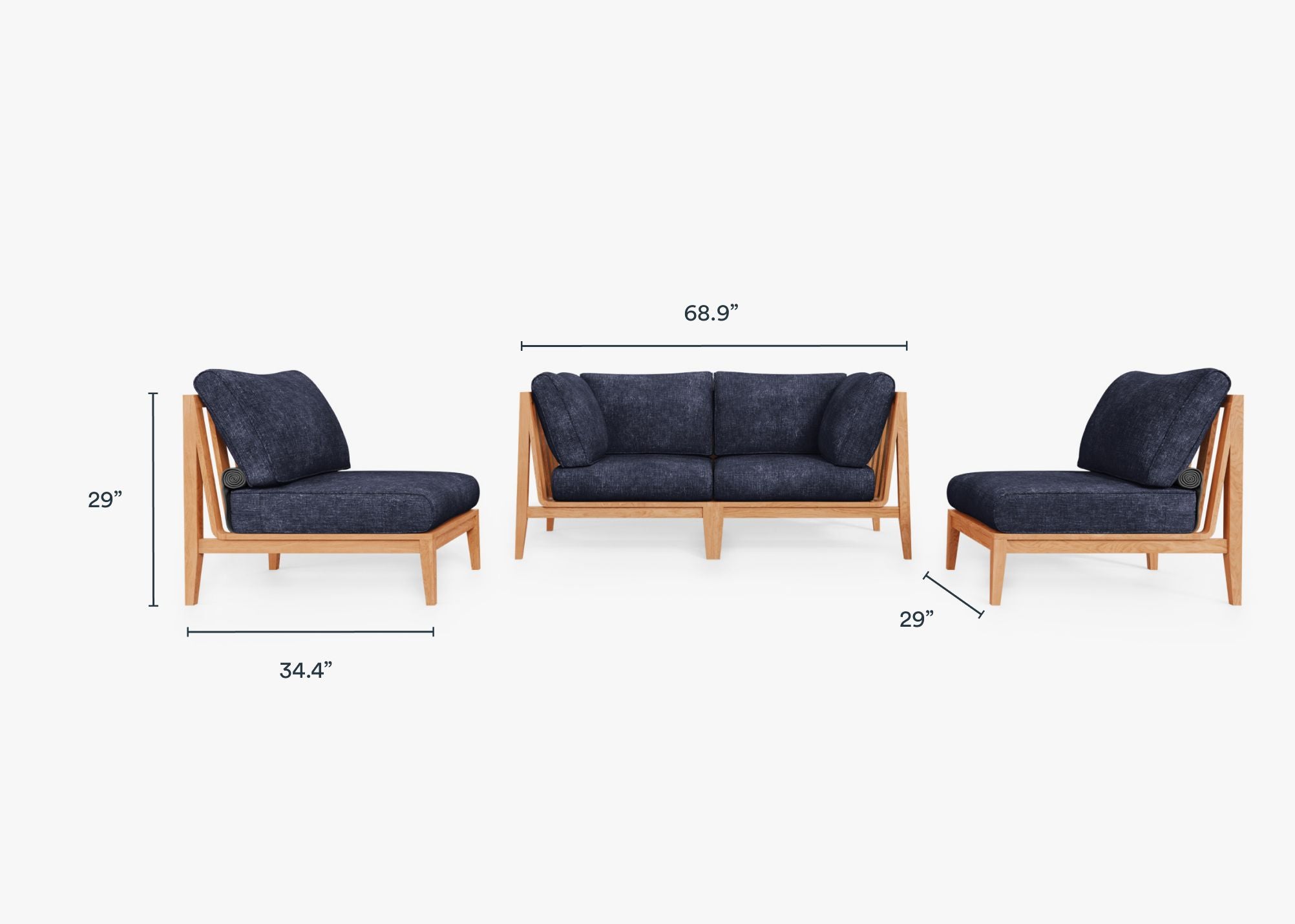 Teak Outdoor Loveseat with Armless Chairs - 4 Seat dimensions in inches, also listed under Dimensions and Weights. #color_deep sea navy