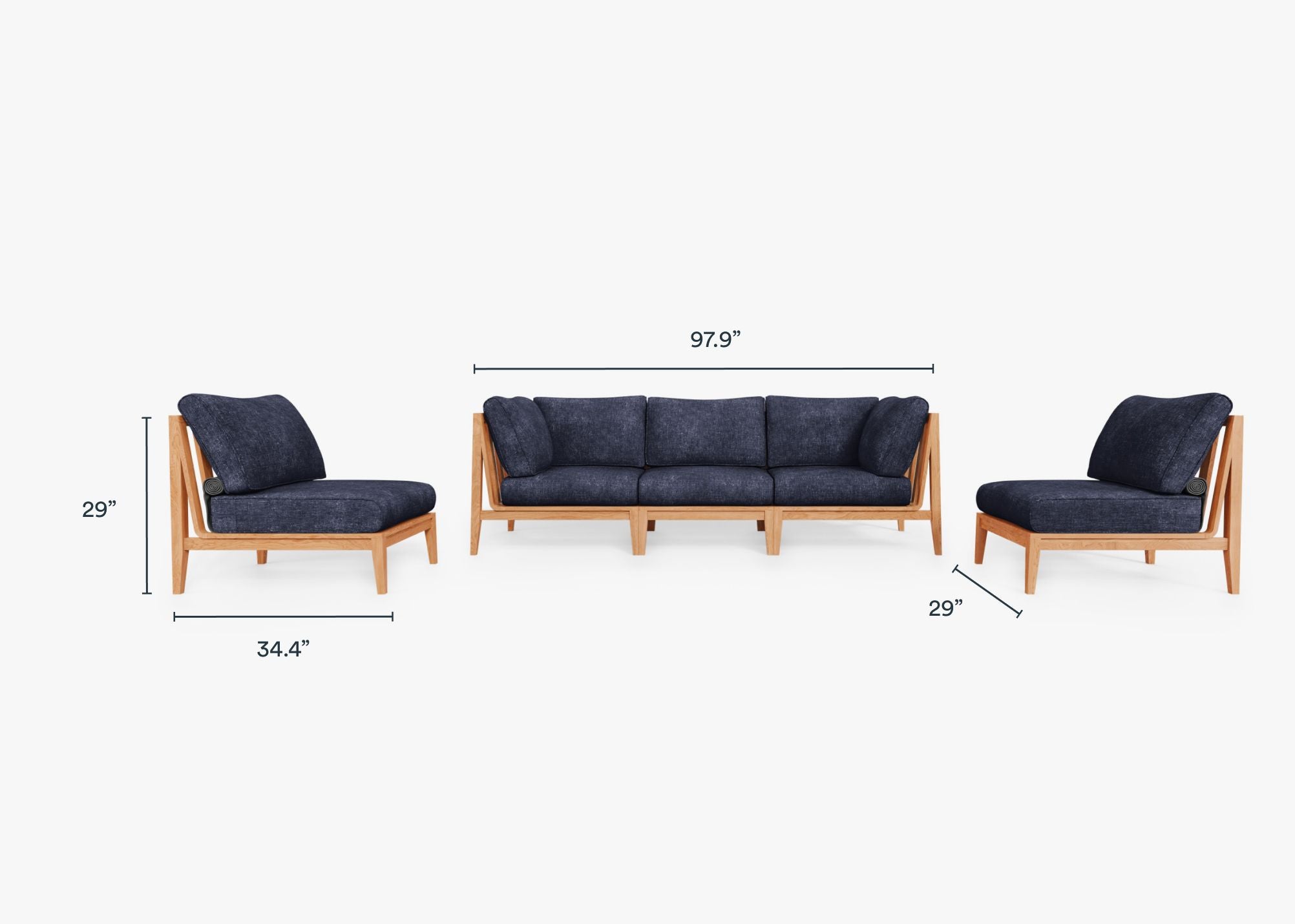 Teak Outdoor Sofa with Armless Chairs - 5 Seat dimensions in inches, also listed under Dimensions and Weights. #color_deep sea navy