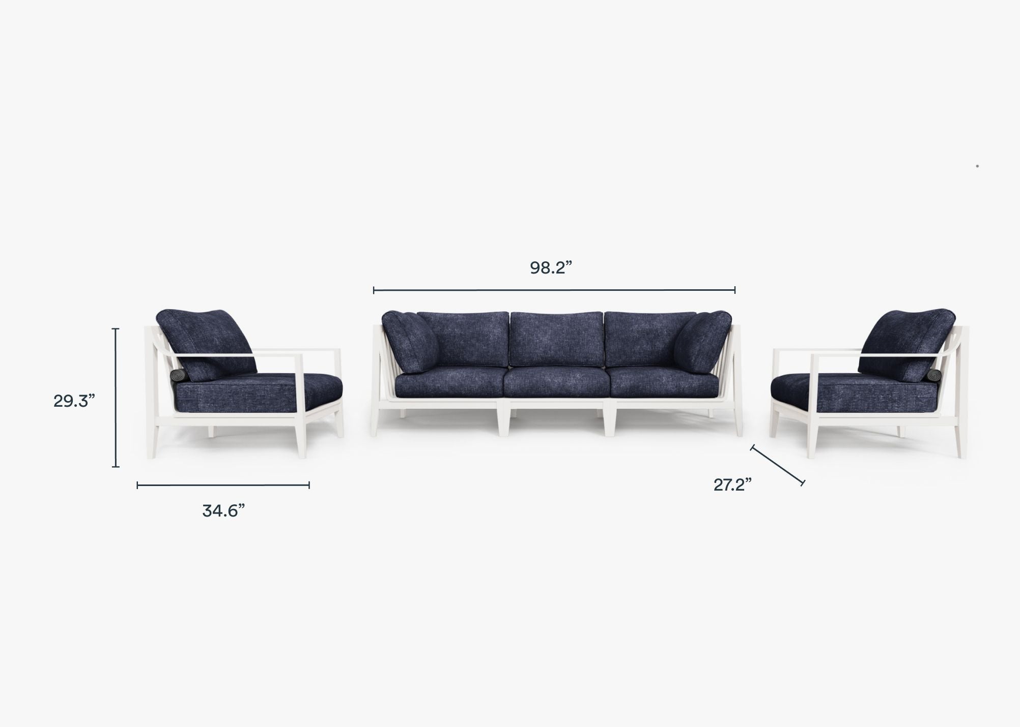 White Aluminum Outdoor Sofa with Armchairs - 5 Seat dimensions in inches, also listed under Dimensions and Weights. #color_deep sea navy