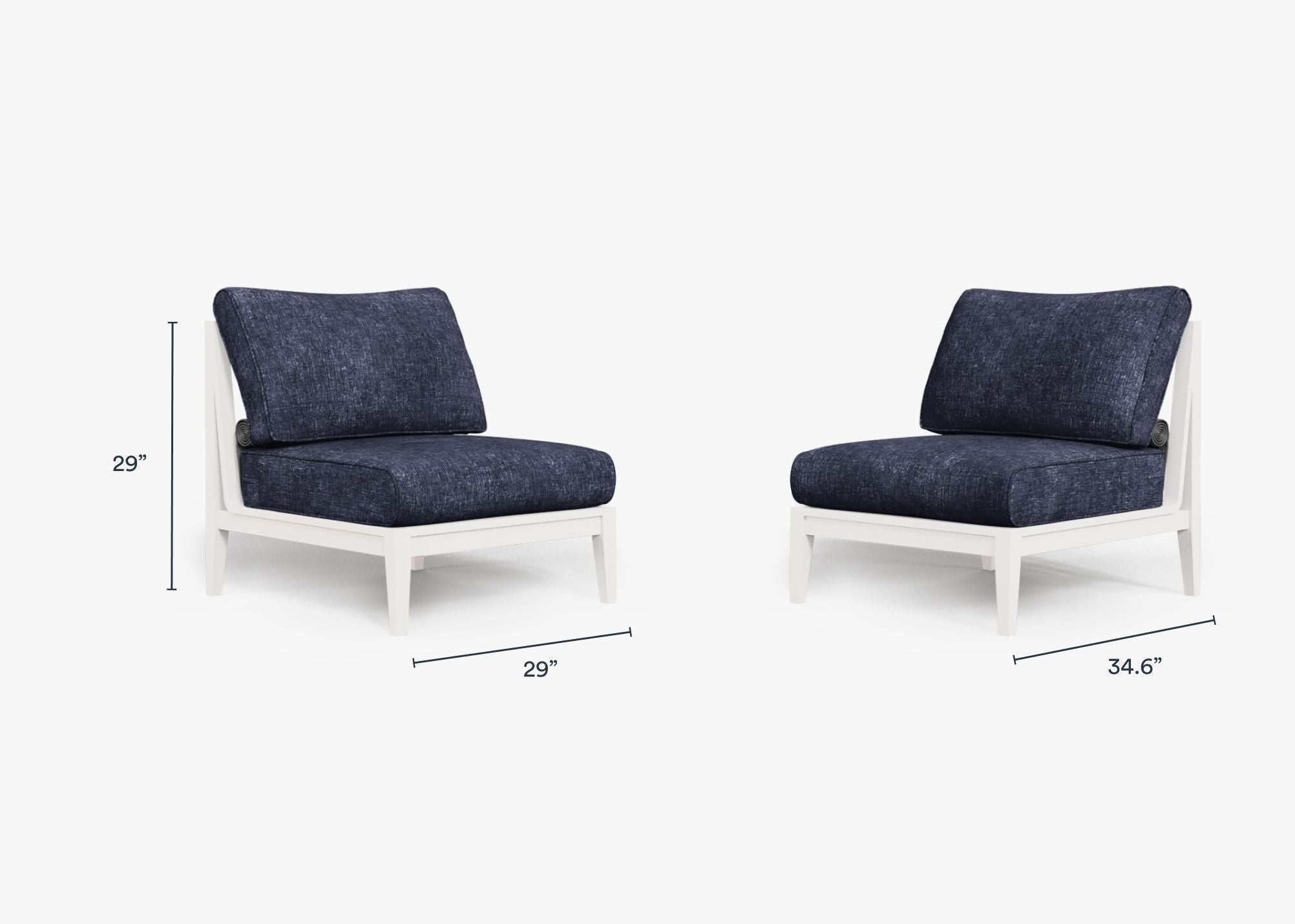 White Aluminum Outdoor Armless Chair Conversation Set dimensions in inches, also listed under Dimensions and Weights. #color_deep sea navy