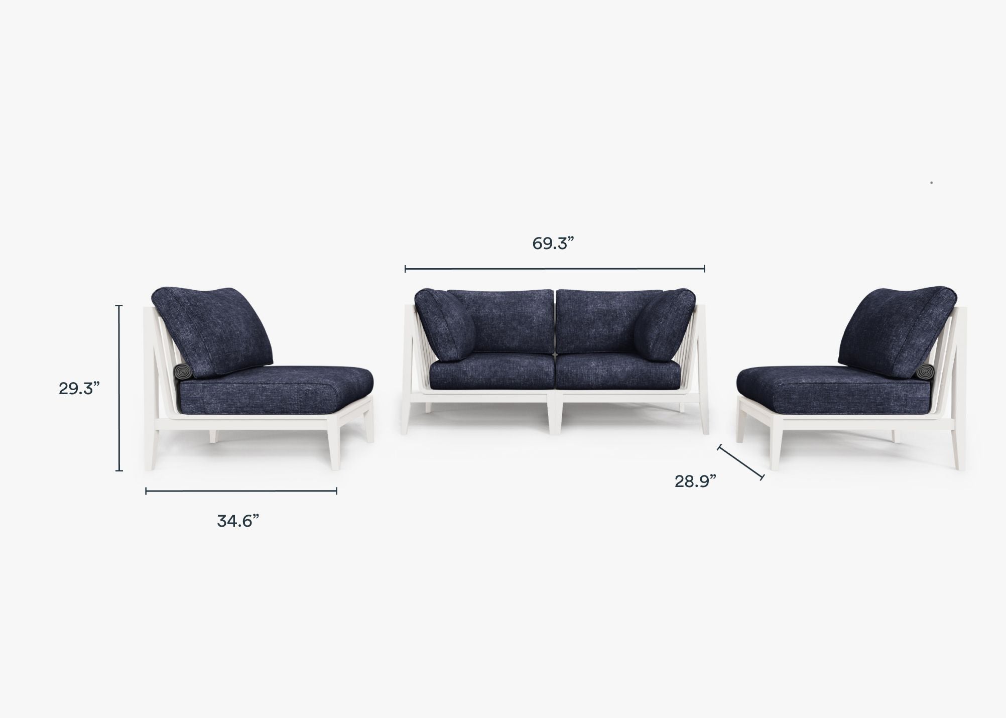 White Aluminum Outdoor Loveseat with Armless Chairs - 4 Seat dimensions in inches, also listed under Dimensions and Weights. #color_deep sea navy