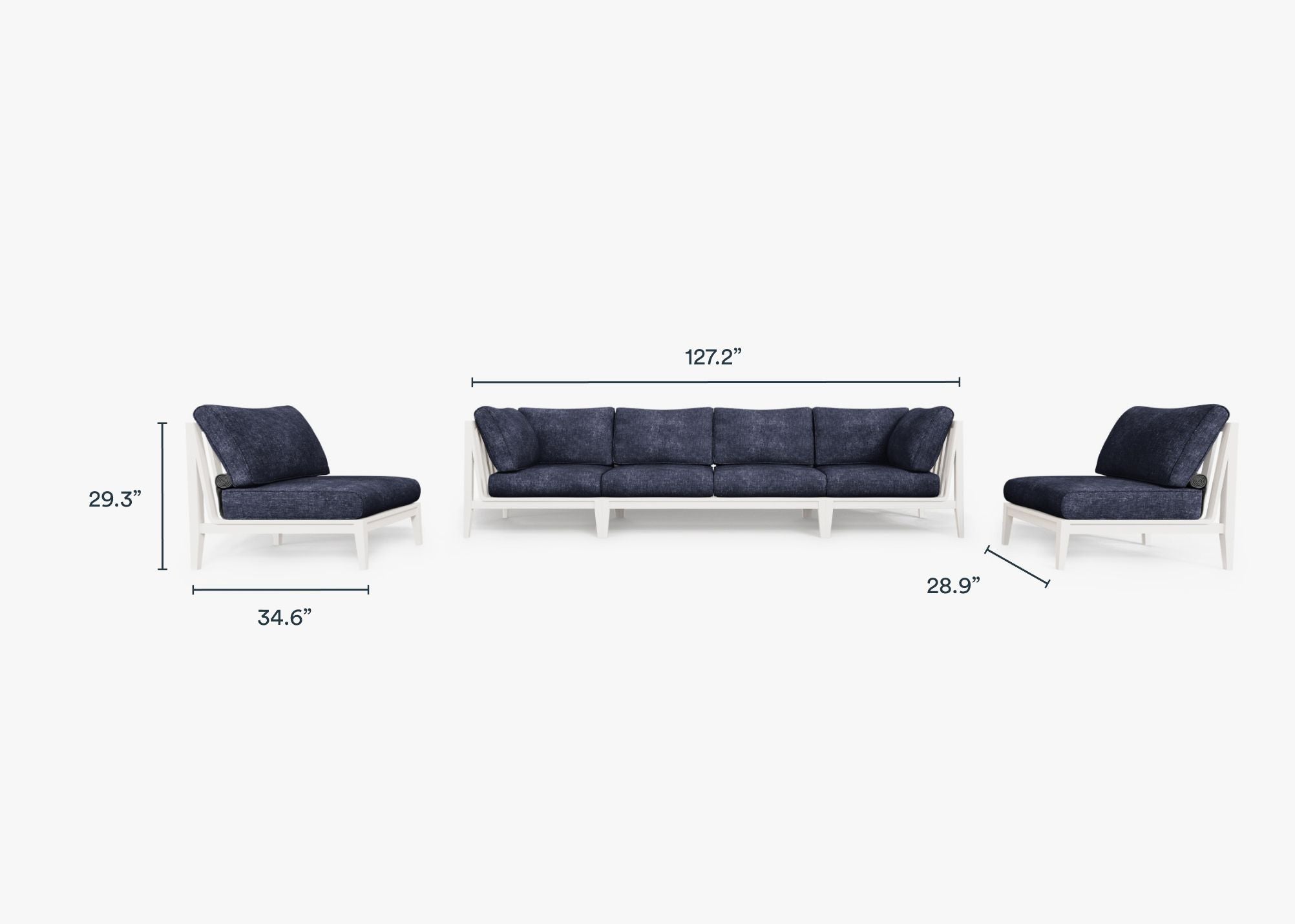 White Aluminum Outdoor Sofa with Armless Chairs - 6 Seat dimensions in inches, also listed under Dimensions and Weights. #color_deep sea navy