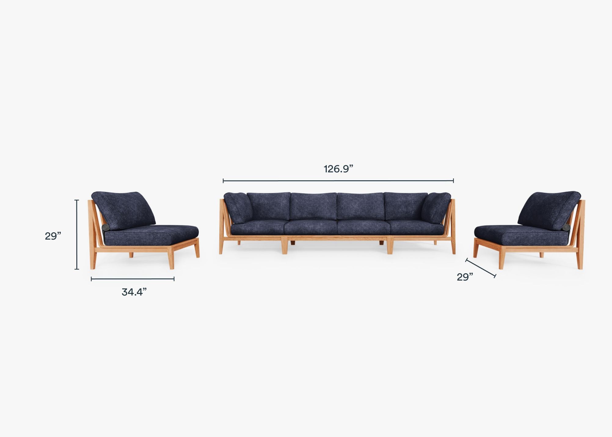 Teak Outdoor Sofa with Armless Chairs - 6 Seat dimensions in inches, also listed under Dimensions and Weights. #color_deep sea navy
