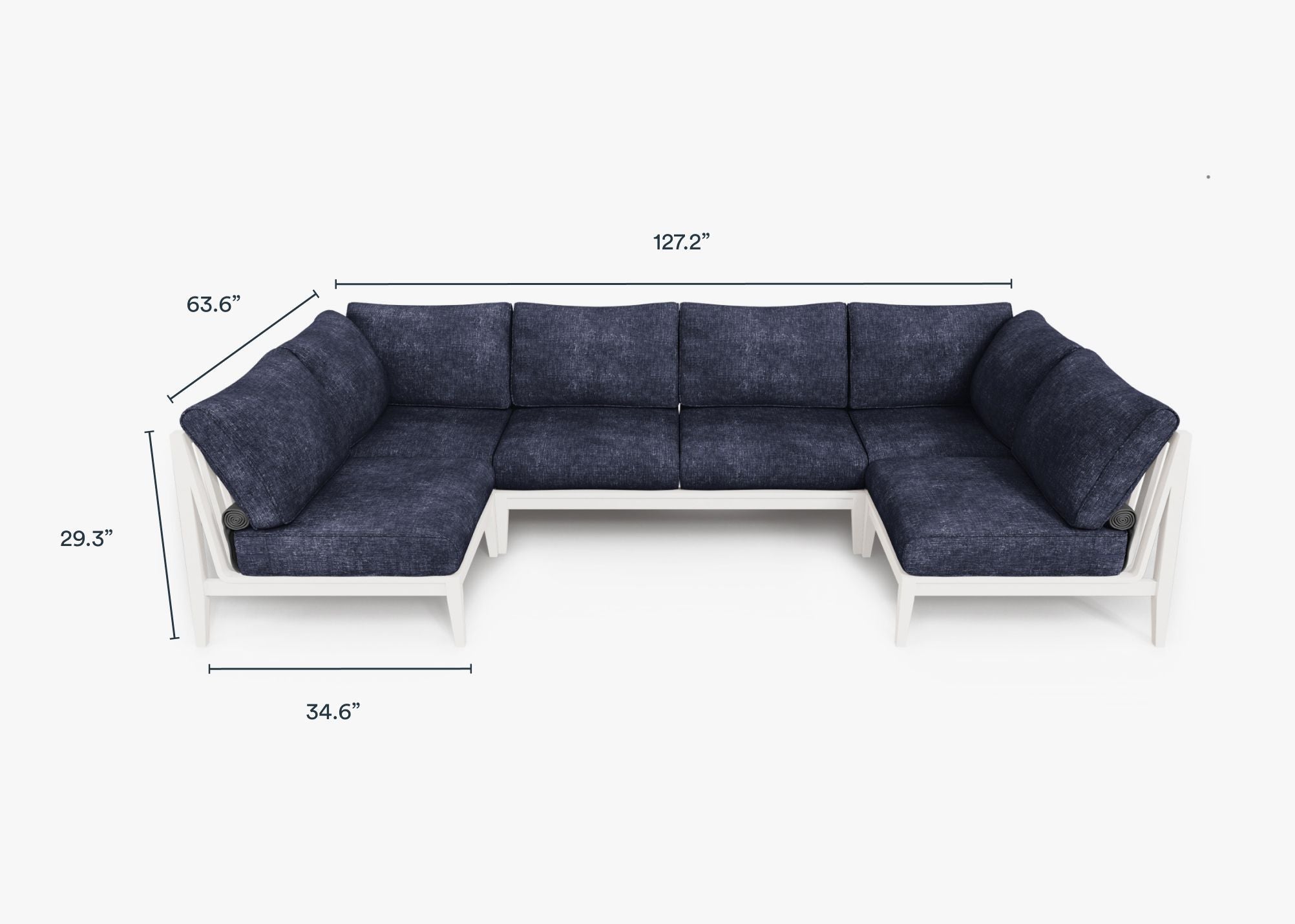 White Aluminum Outdoor U Sectional - 6 Seat dimensions in inches, also listed under Dimensions and Weights. #color_deep sea navy