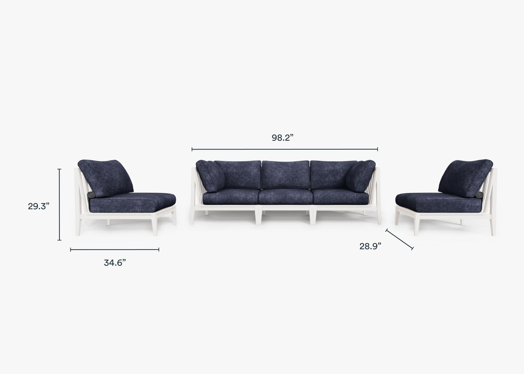 White Aluminum Outdoor Sofa with Armless Chairs - 5 Seat dimensions in inches, also listed under Dimensions and Weights. #color_deep sea navy