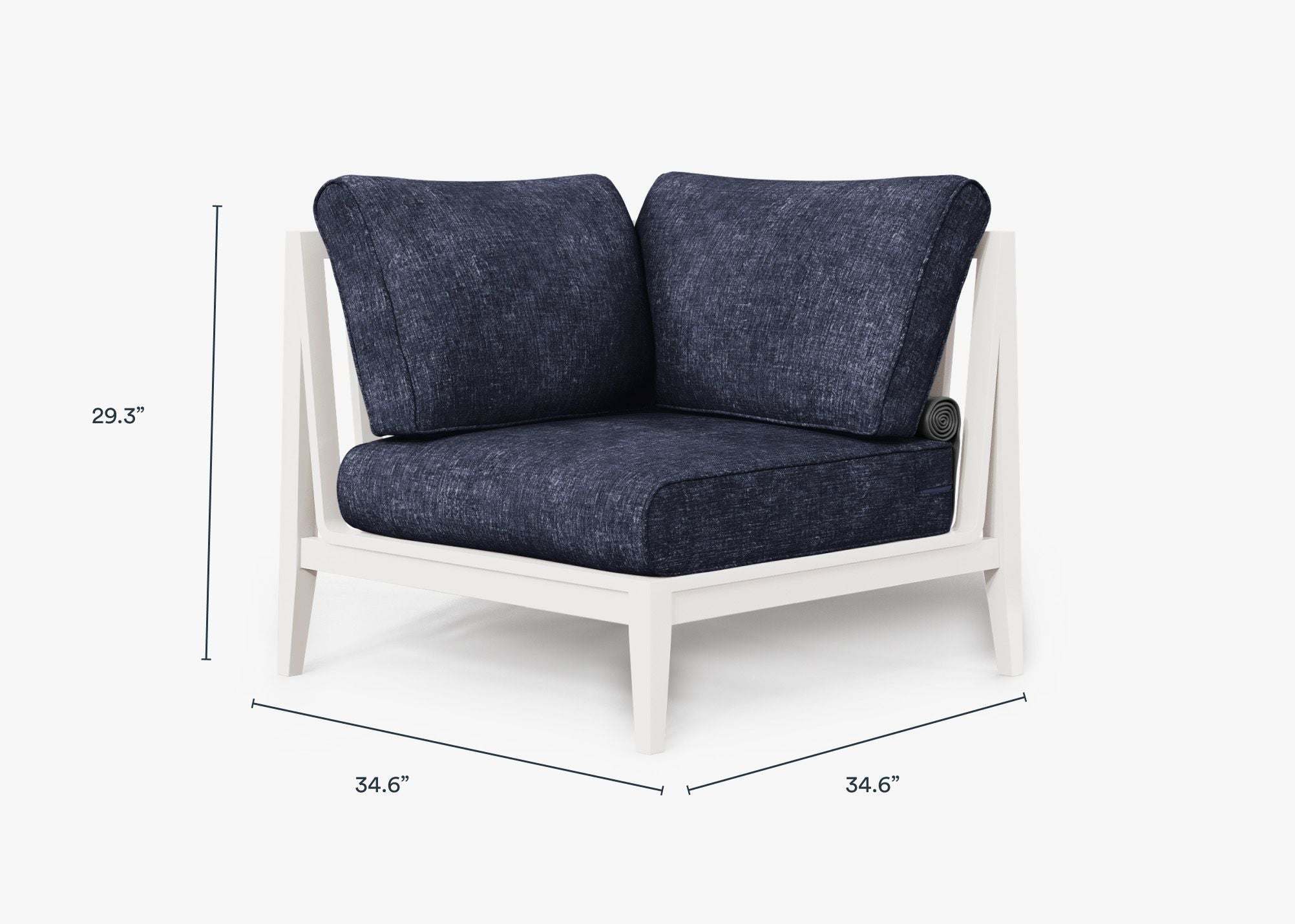 White Aluminum Outdoor Sectional Chair - Right dimensions in inches, also listed under Dimensions and Weights. #color_deep sea navy