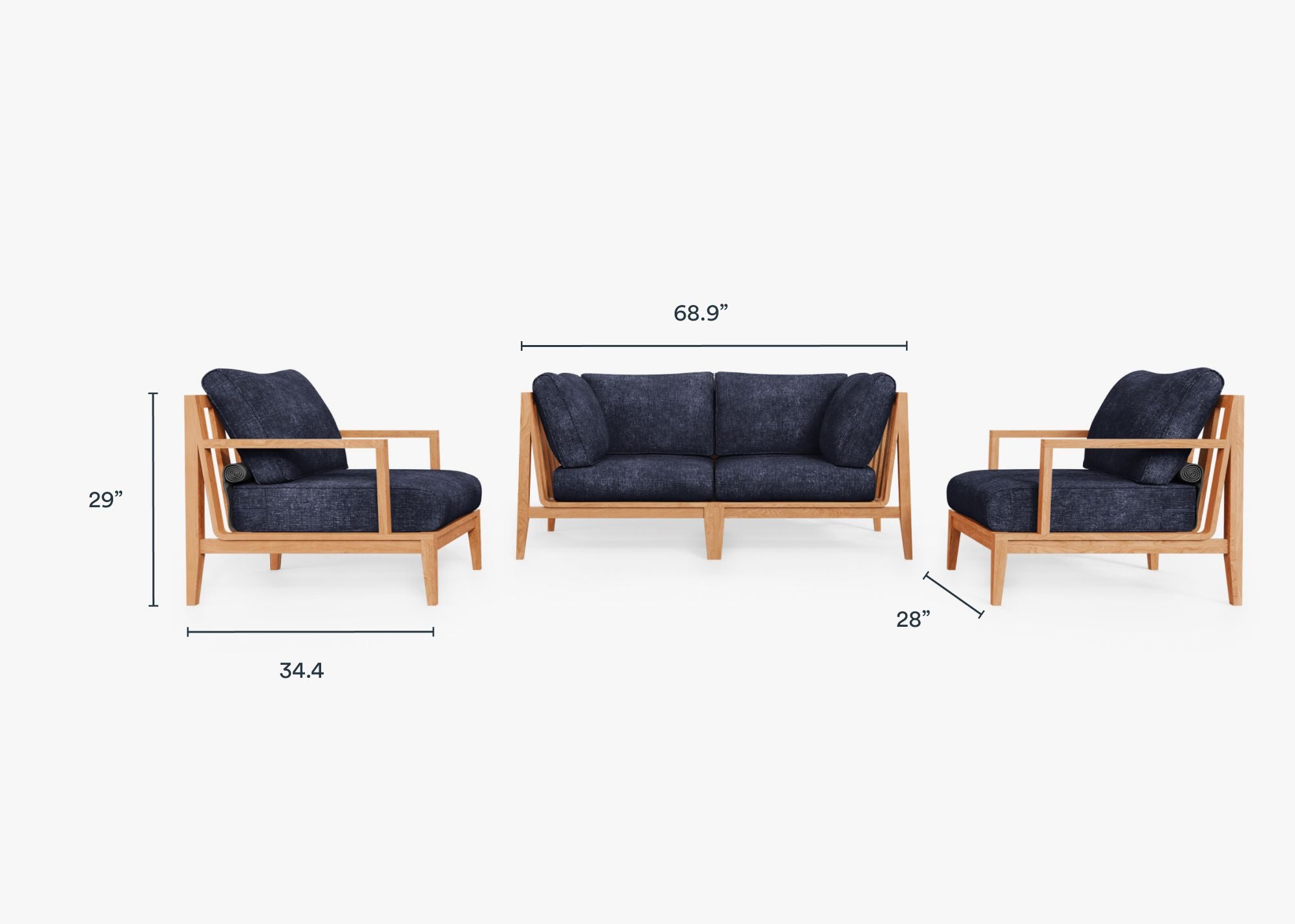Teak Outdoor Loveseat with Armchairs - 4 Seat dimensions in inches, also listed under Dimensions and Weights. #color_deep sea navy