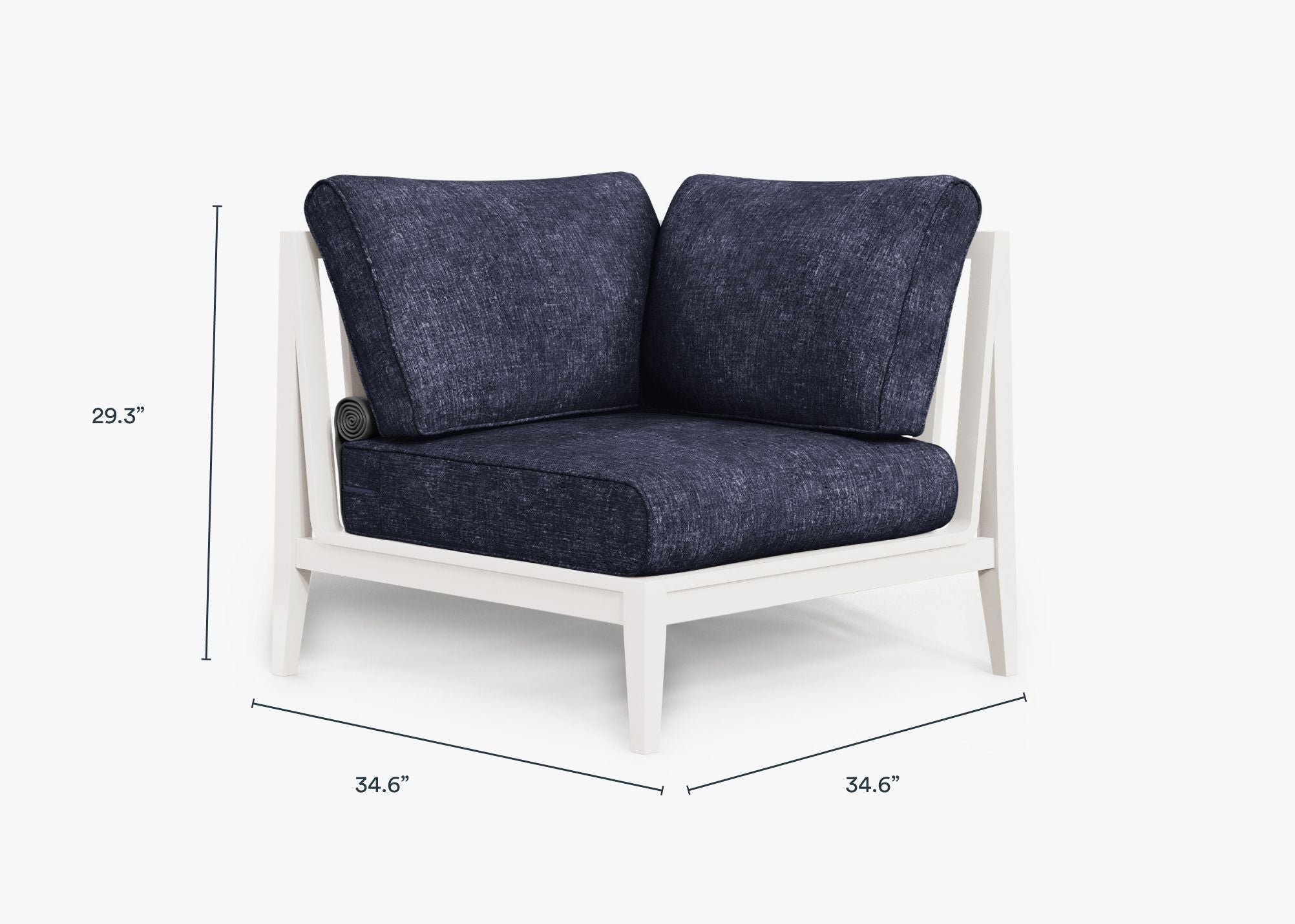White Aluminum Outdoor Corner Chair - Left dimensions in inches, also listed under Dimensions and Weights. #color_deep sea navy