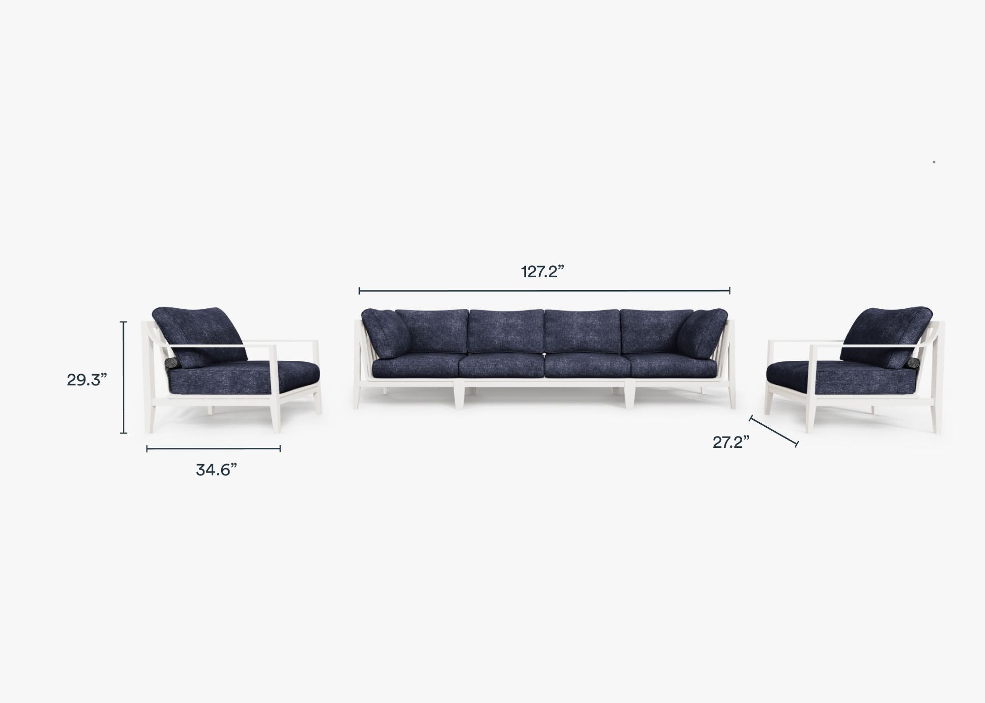 White Aluminum Outdoor Sofa with Armchairs - 6 Seat dimensions in inches, also listed under Dimensions and Weights. #color_deep sea navy