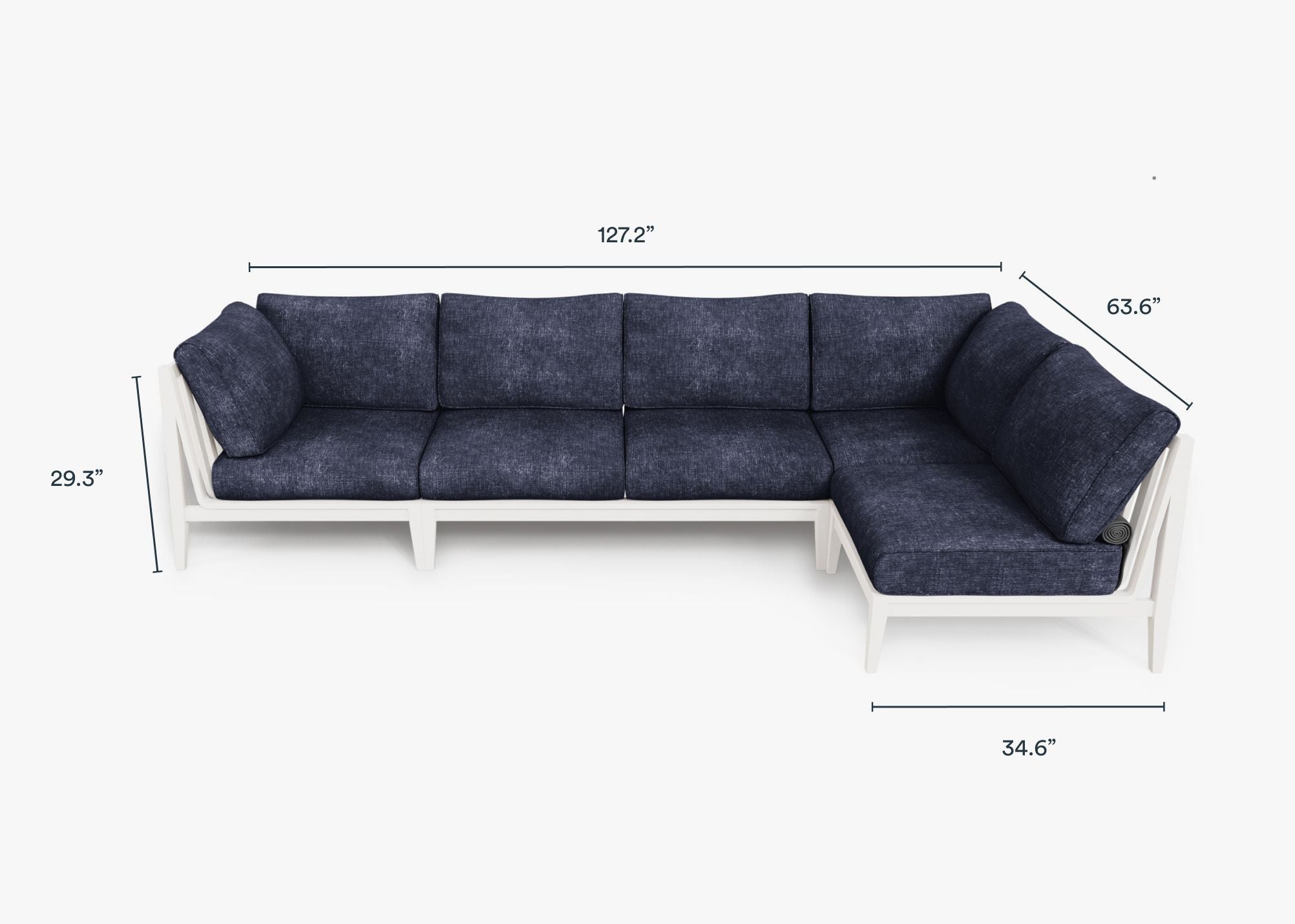 White Aluminum Outdoor L Sectional - 5 Seat dimensions in inches, also listed under Dimensions and Weights. #color_deep sea navy