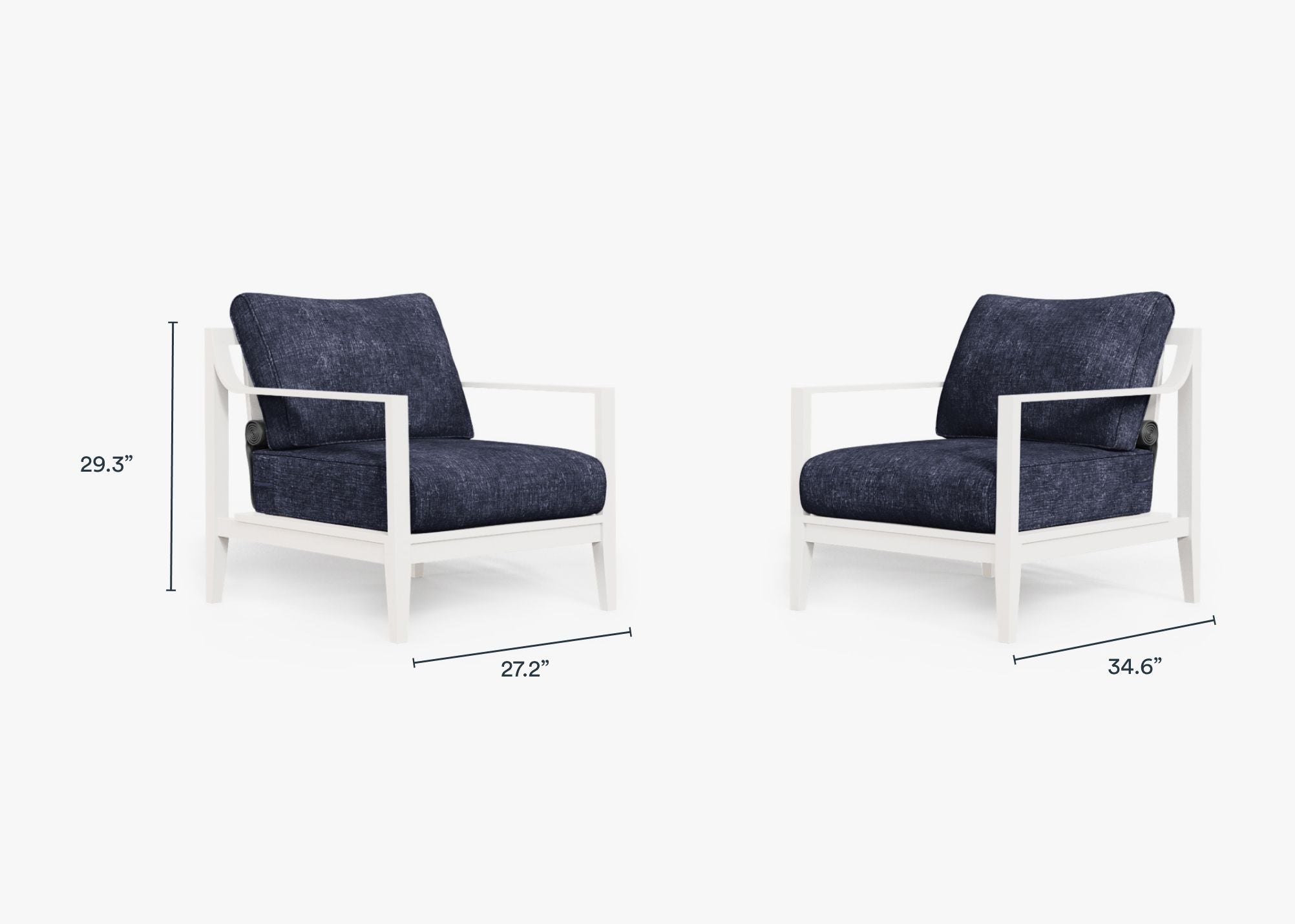 White Aluminum Outdoor Armchair Conversation Set dimensions in inches, also listed under Dimensions and Weights. #color_deep sea navy
