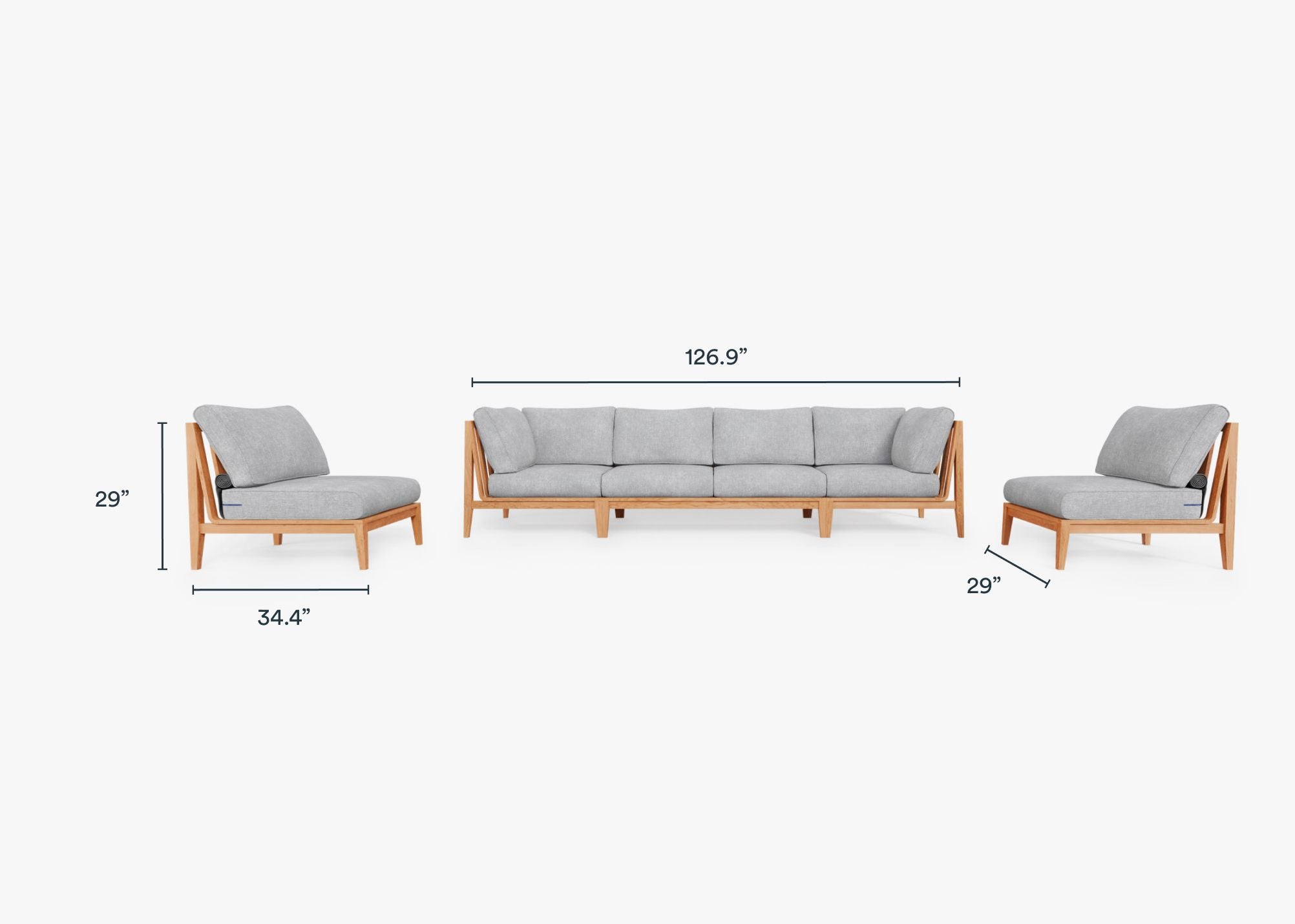 Teak Outdoor Sofa with Armless Chairs - 6 Seat dimensions in inches, also listed under Dimensions and Weights. #color_pacific fog gray