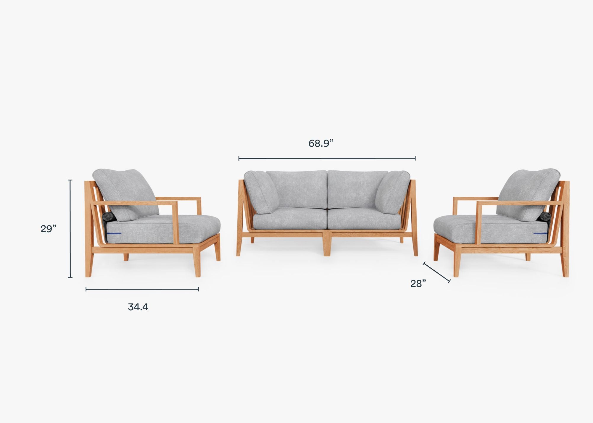 Teak Outdoor Loveseat with Armchairs - 4 Seat dimensions in inches, also listed under Dimensions and Weights. #color_pacific fog gray