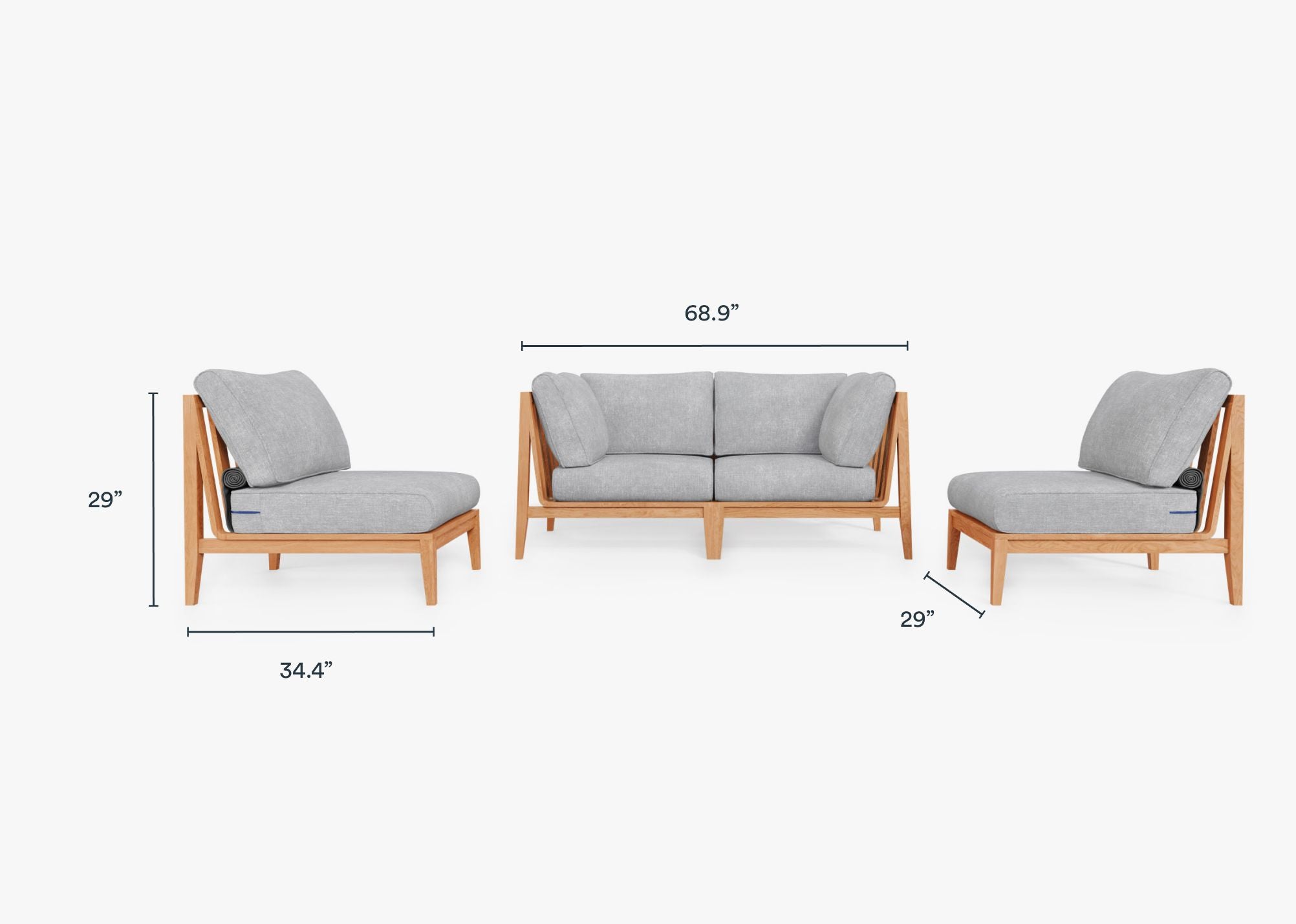 Teak Outdoor Loveseat with Armless Chairs - 4 Seat dimensions in inches, also listed under Dimensions and Weights. #color_pacific fog gray