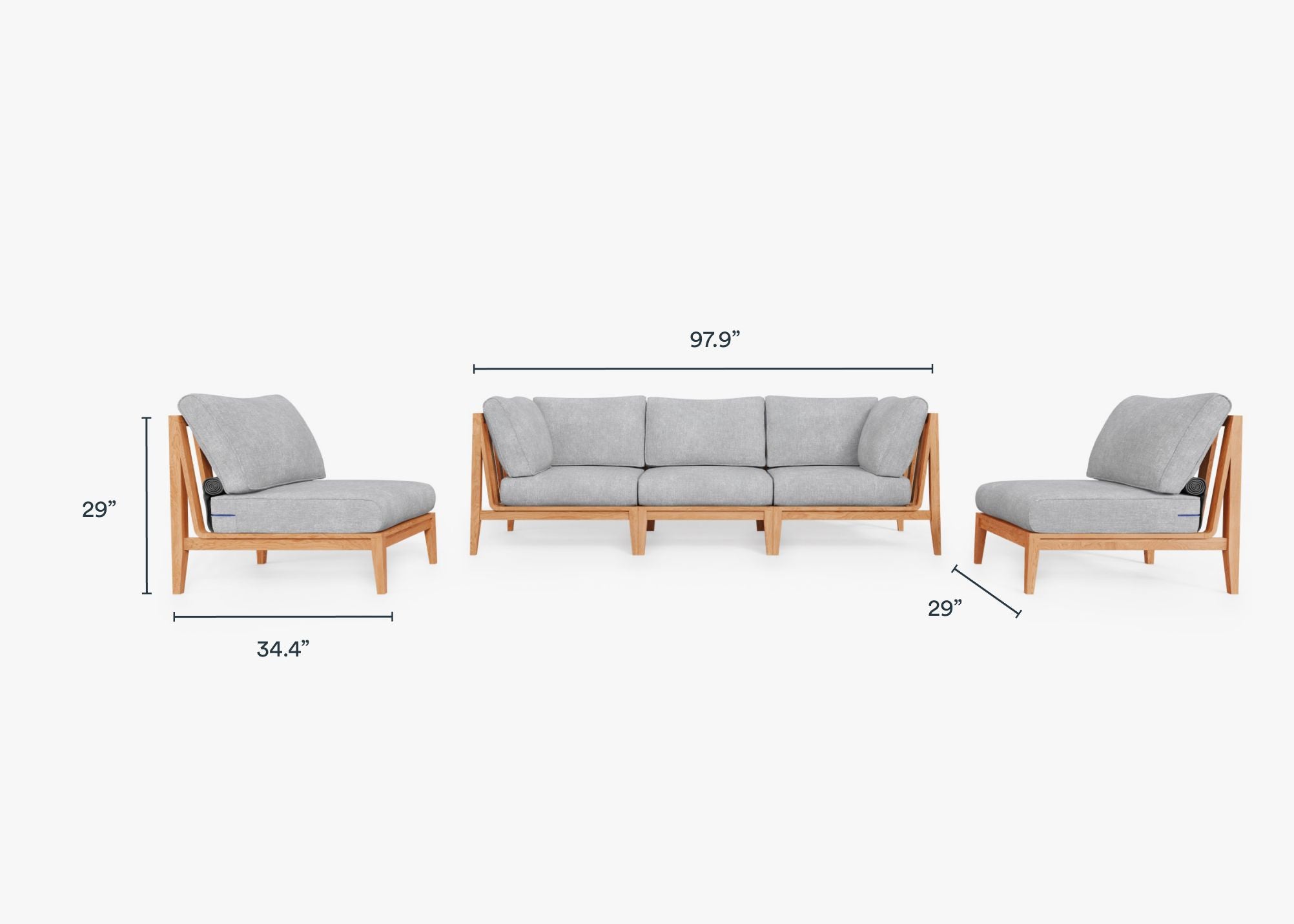 Teak Outdoor Sofa with Armless Chairs - 5 Seat dimensions in inches, also listed under Dimensions and Weights. #color_pacific fog gray