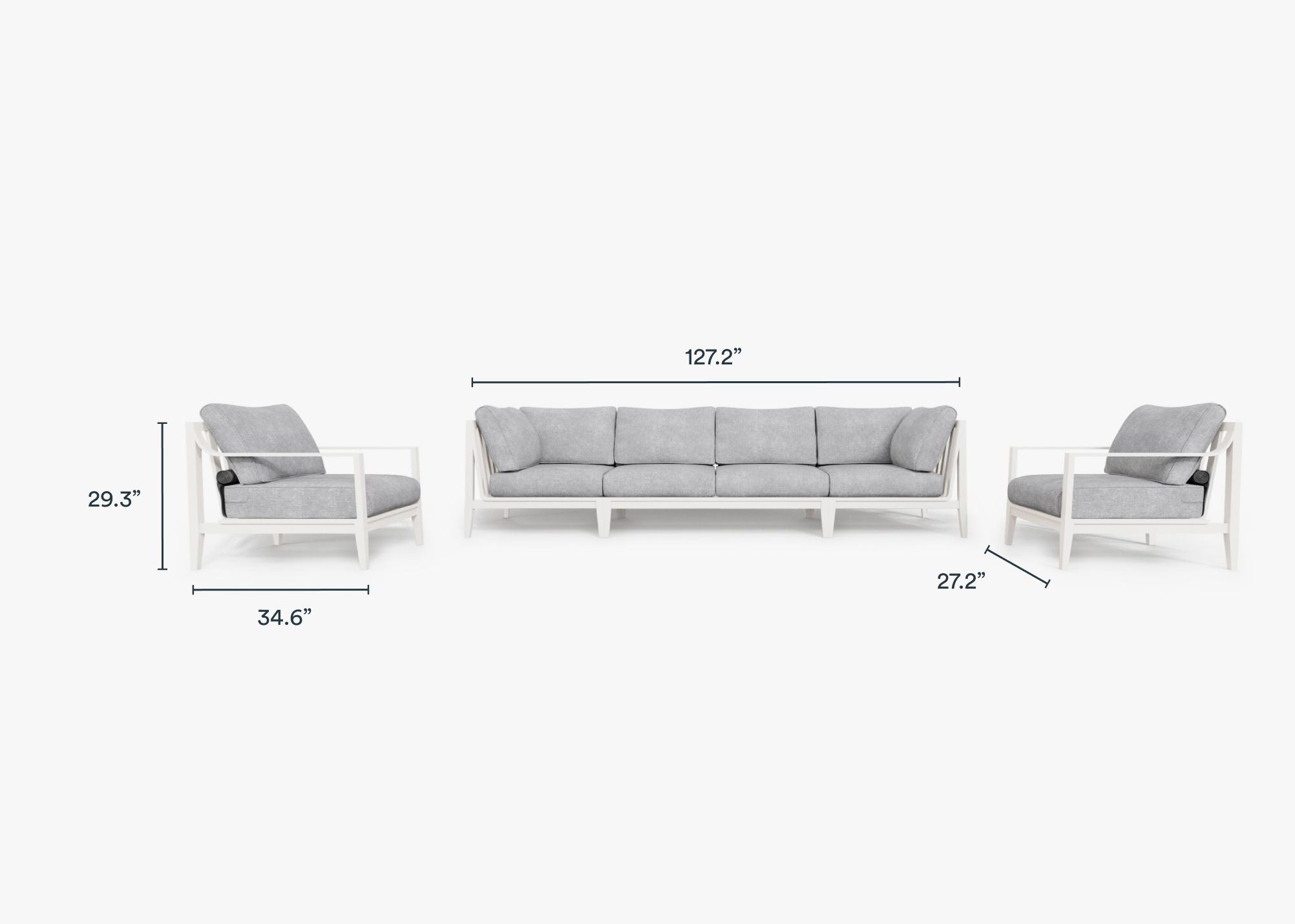 White Aluminum Outdoor Sofa with Armchairs - 6 Seat dimensions in inches, also listed under Dimensions and Weights. #color_pacific fog gray