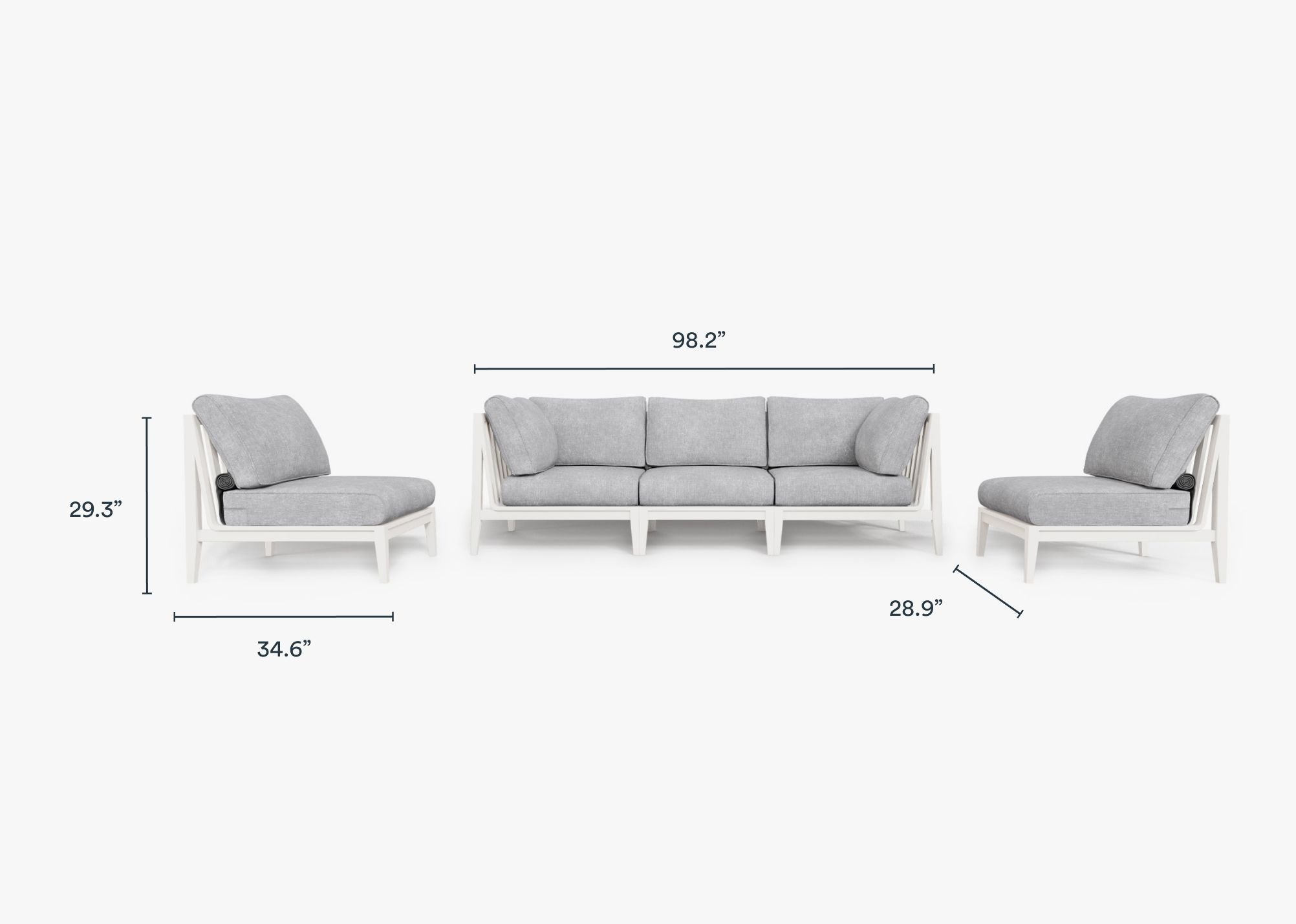 White Aluminum Outdoor Sofa with Armless Chairs - 5 Seat dimensions in inches, also listed under Dimensions and Weights. #color_pacific fog gray