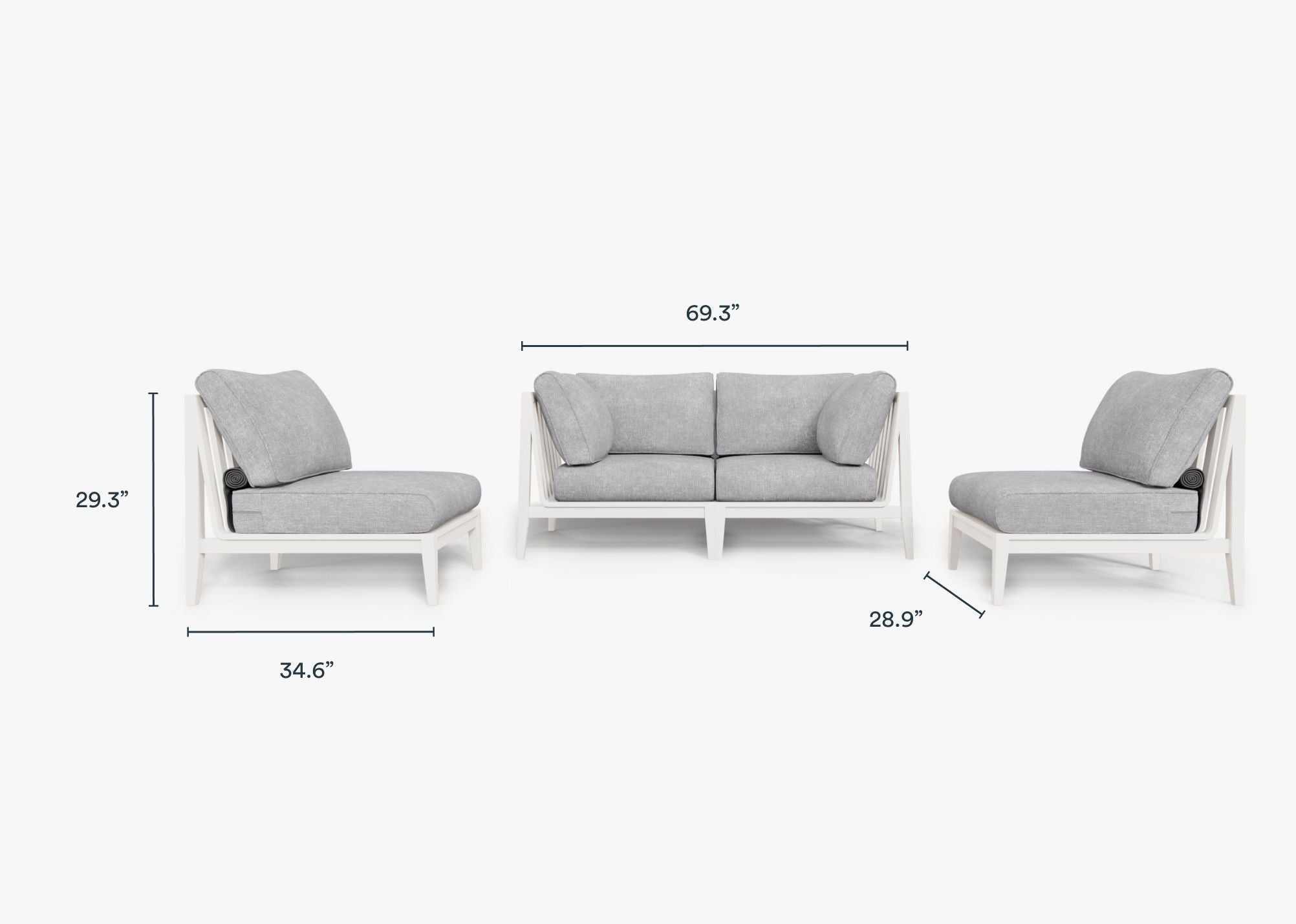 White Aluminum Outdoor Loveseat with Armless Chairs - 4 Seat dimensions in inches, also listed under Dimensions and Weights. #color_pacific fog gray