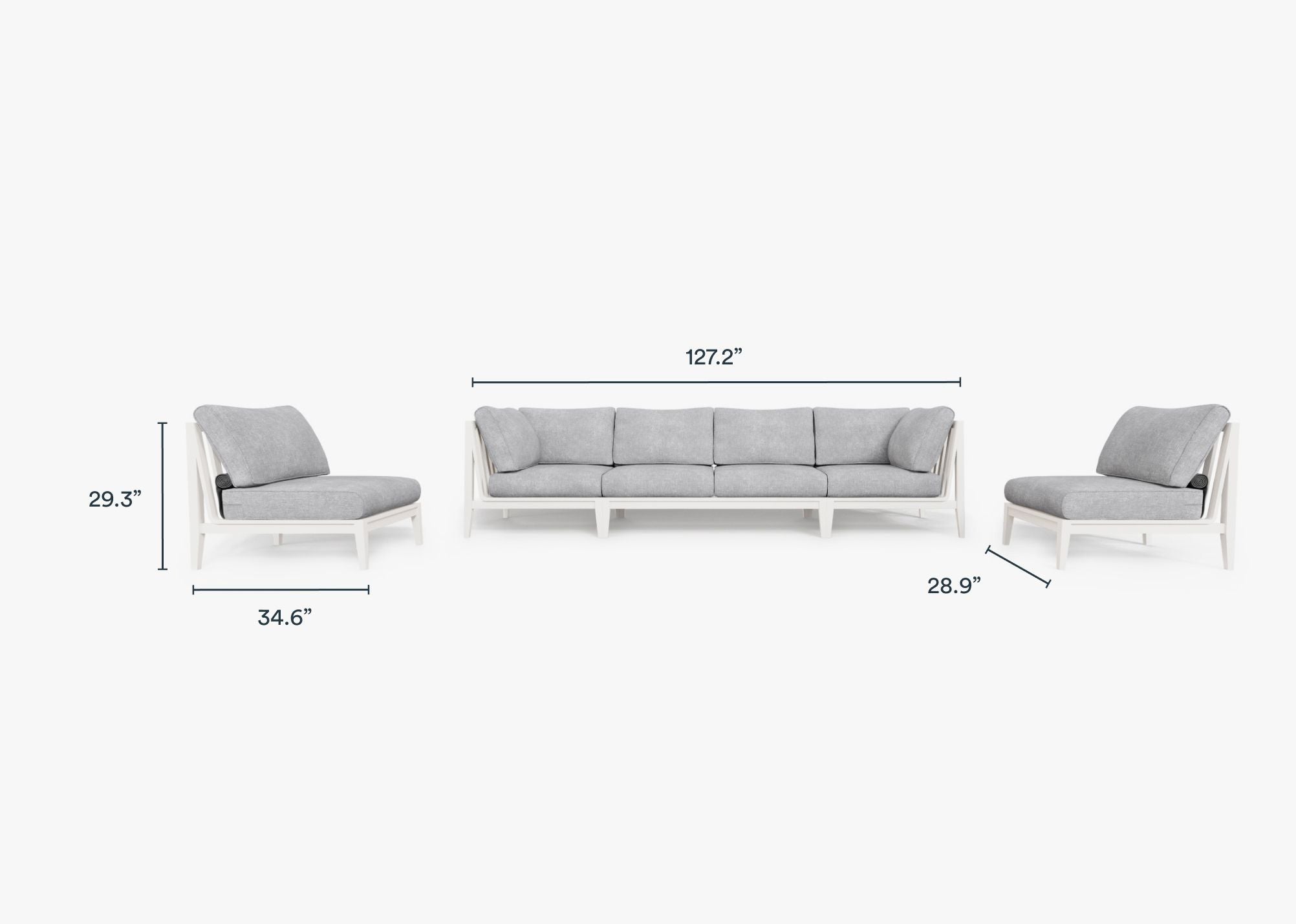 White Aluminum Outdoor Sofa with Armless Chairs - 6 Seat dimensions in inches, also listed under Dimensions and Weights. #color_pacific fog gray