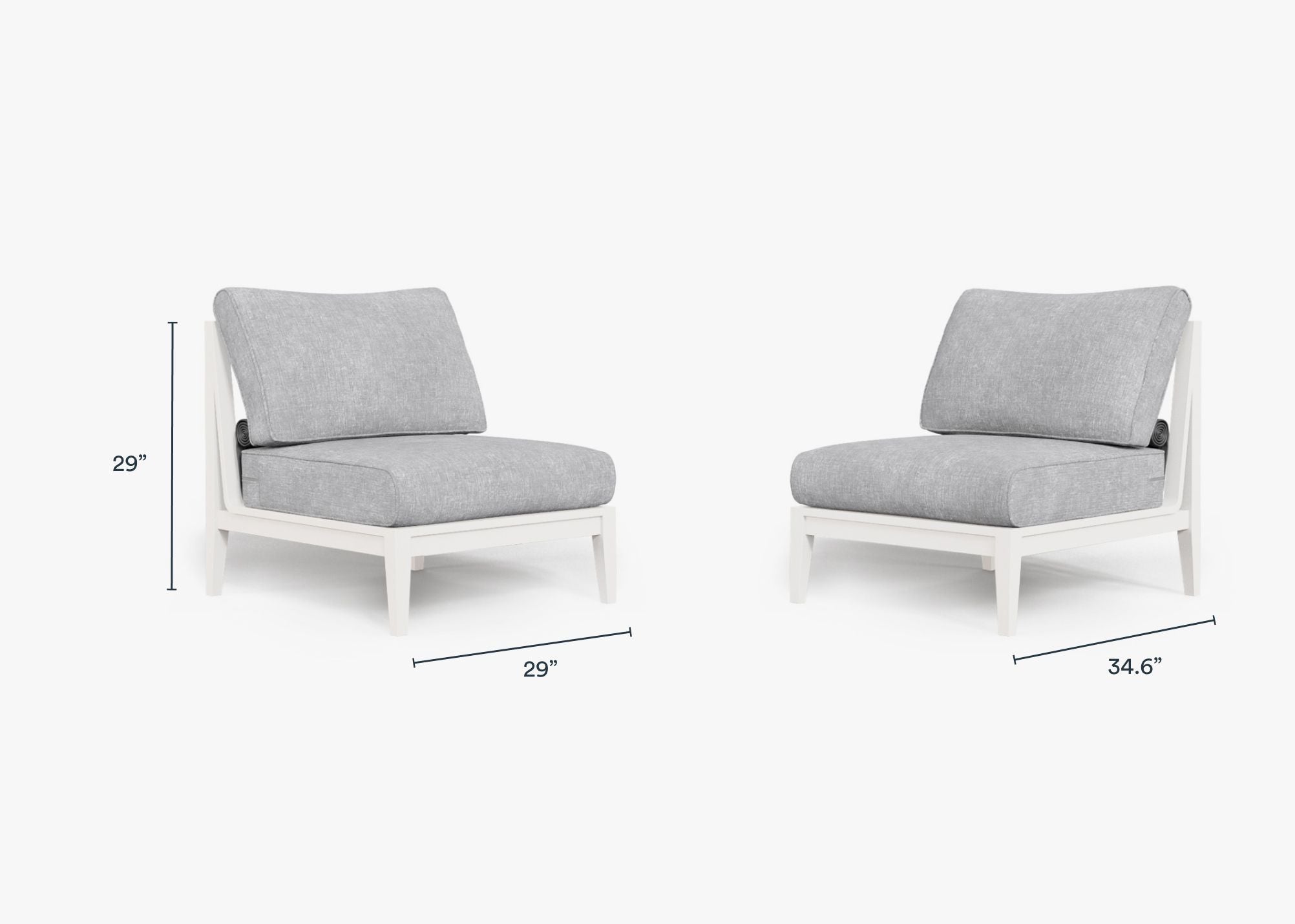 White Aluminum Outdoor Armless Chair Conversation Set dimensions in inches, also listed under Dimensions and Weights. #color_pacific fog gray