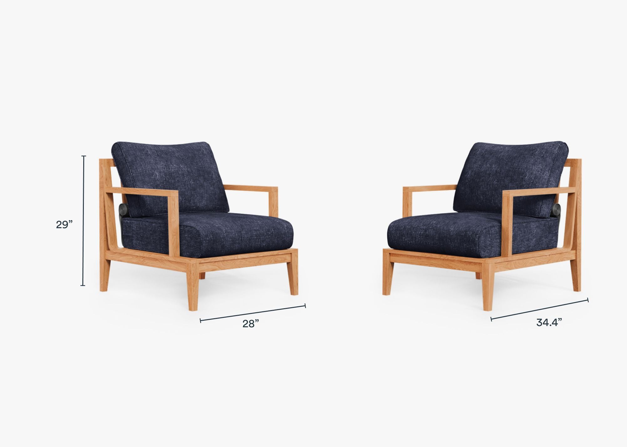 Teak Outdoor Armchair Conversation Set dimensions in inches, also listed under Dimensions and Weights. #color_deep sea navy